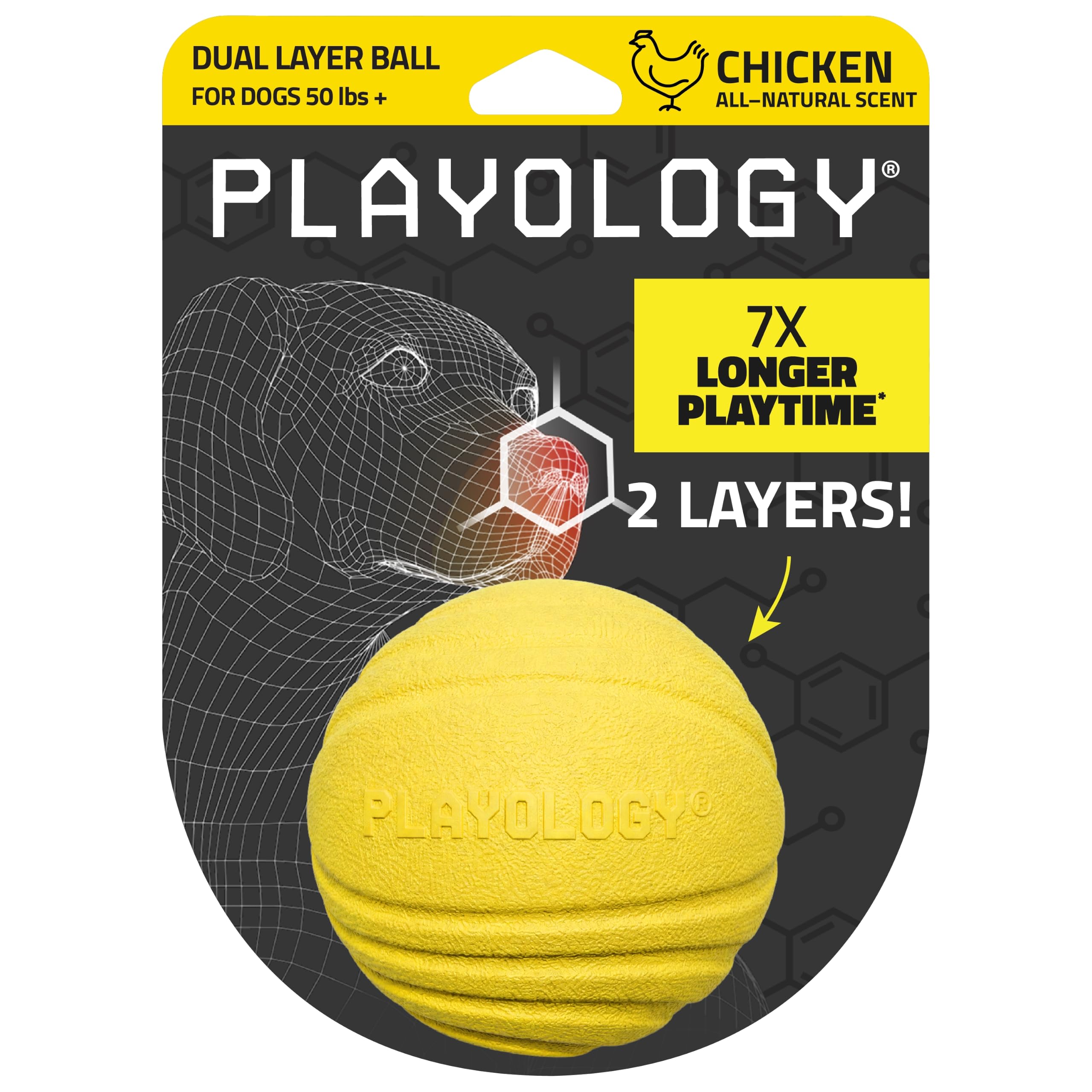 Playology Jouets pour chien | Balle à mâcher double couche durable pour mâcheurs durs | Jouet Jumbo parfumé au poulet | Jouets à mâcher pour grands chiens
