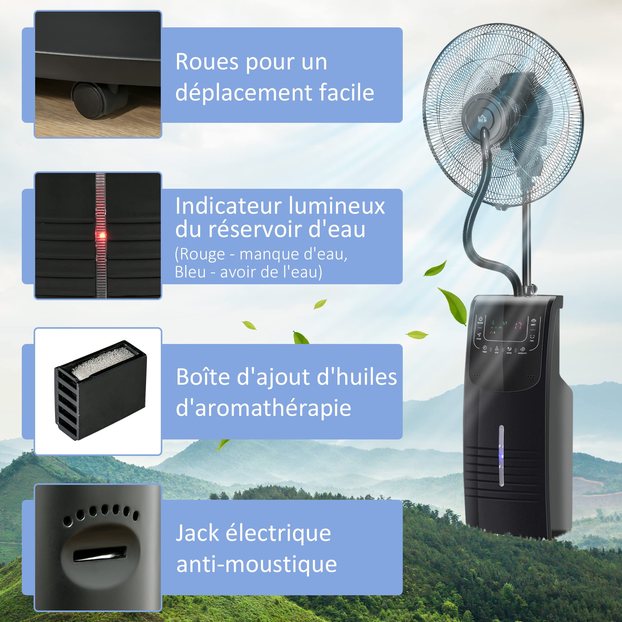 HOMCOM Ventilateur brumisateur silencieux 90 W sur roulettes 135 cm noir | 3 Modes 3 Vitesses, Télécommande, Minuterie 12H, Oscillation à 70°, Écran LCD