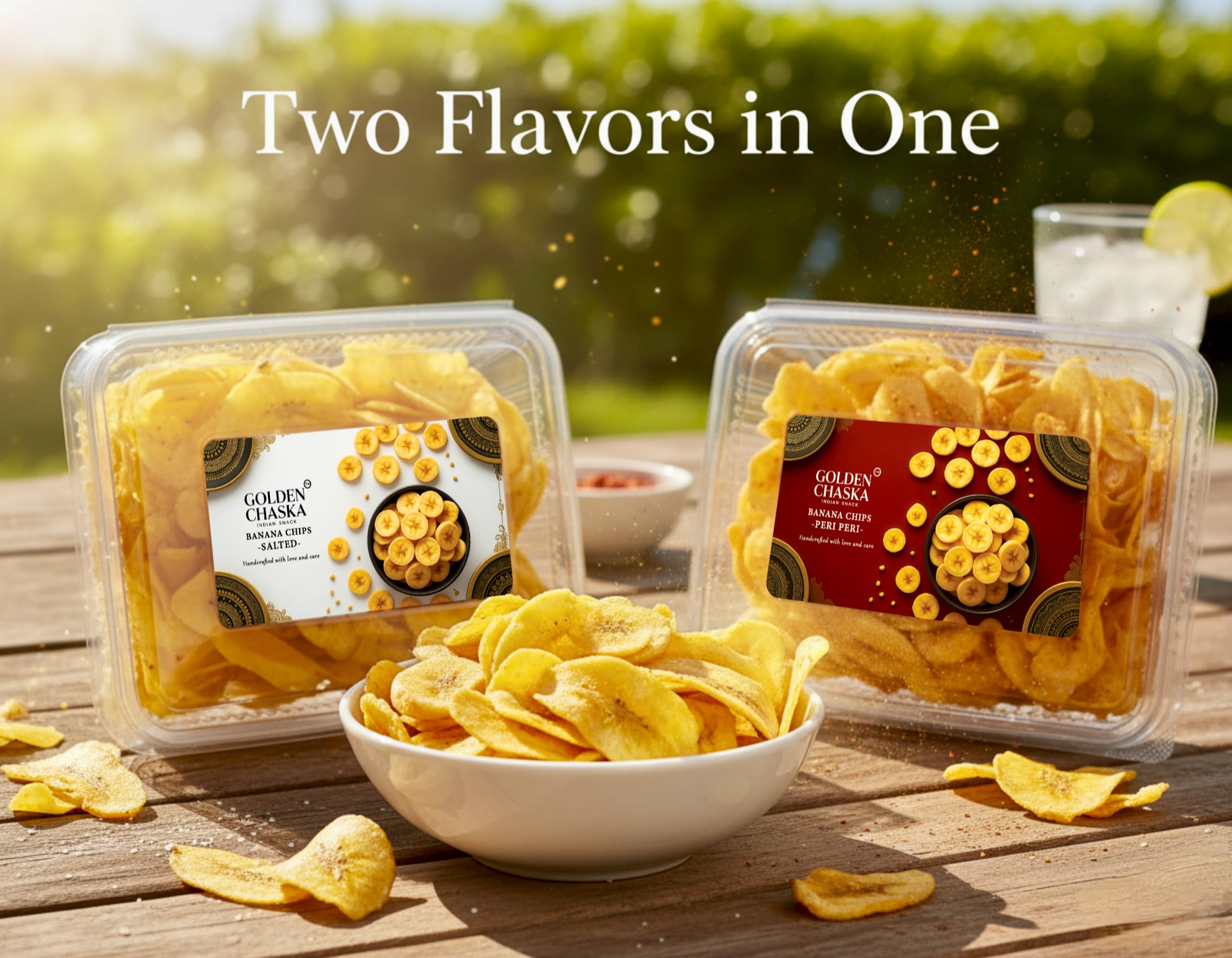 Golden Chaska Premium Banana Chips Combo Pack | Salted & Peri Peri Flavors | Crunchy & Fresh with NO added Preservatives, NO Palm Oil & NO added Colors | Perfect Tea-Time & Travel Snack | 2 Flavors in One Party Pack | (250g x 2) 1
