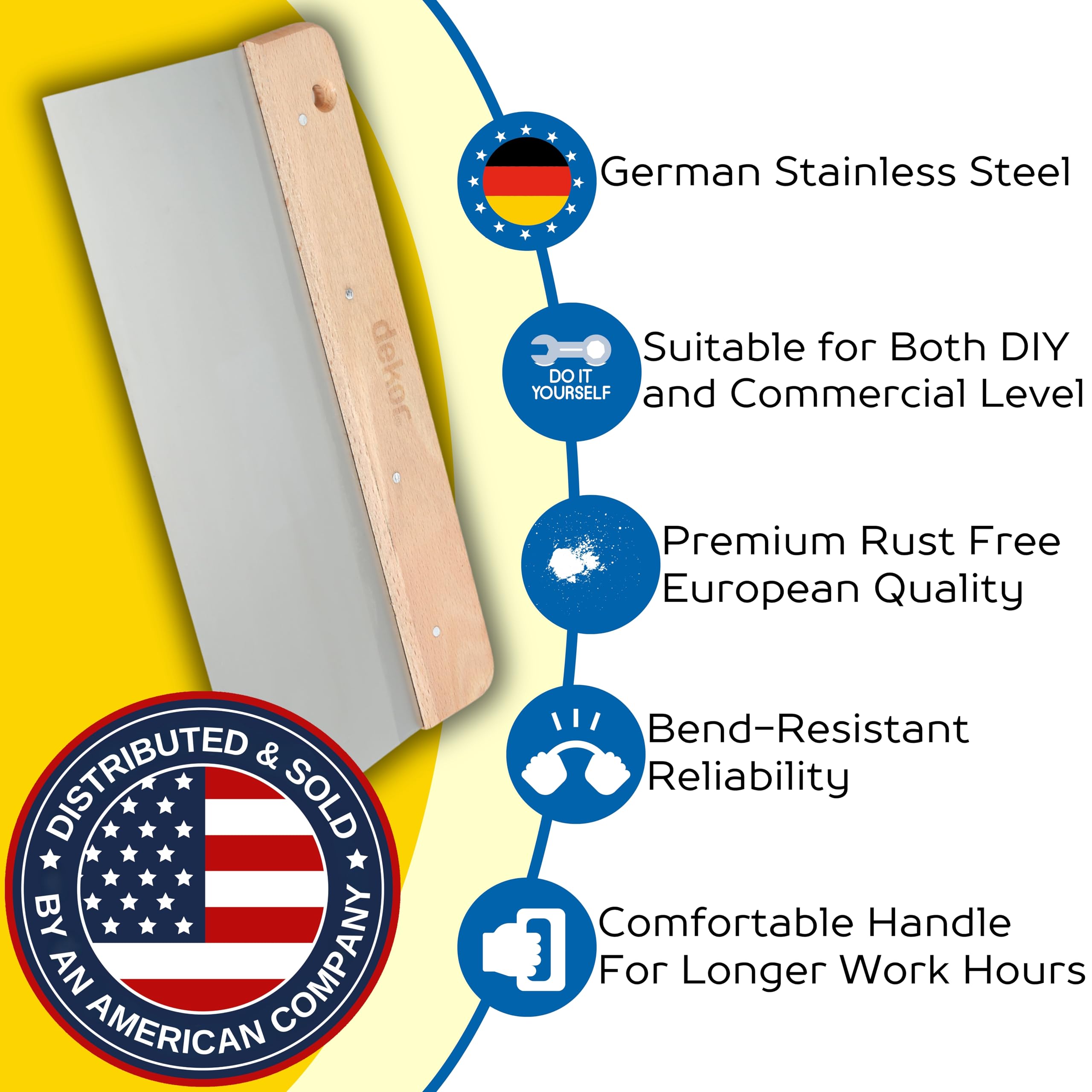 DEKOR Taping Knife 12" Stainless Steel Flexible Scraper Wood Handle Drywall — Amazon image 3