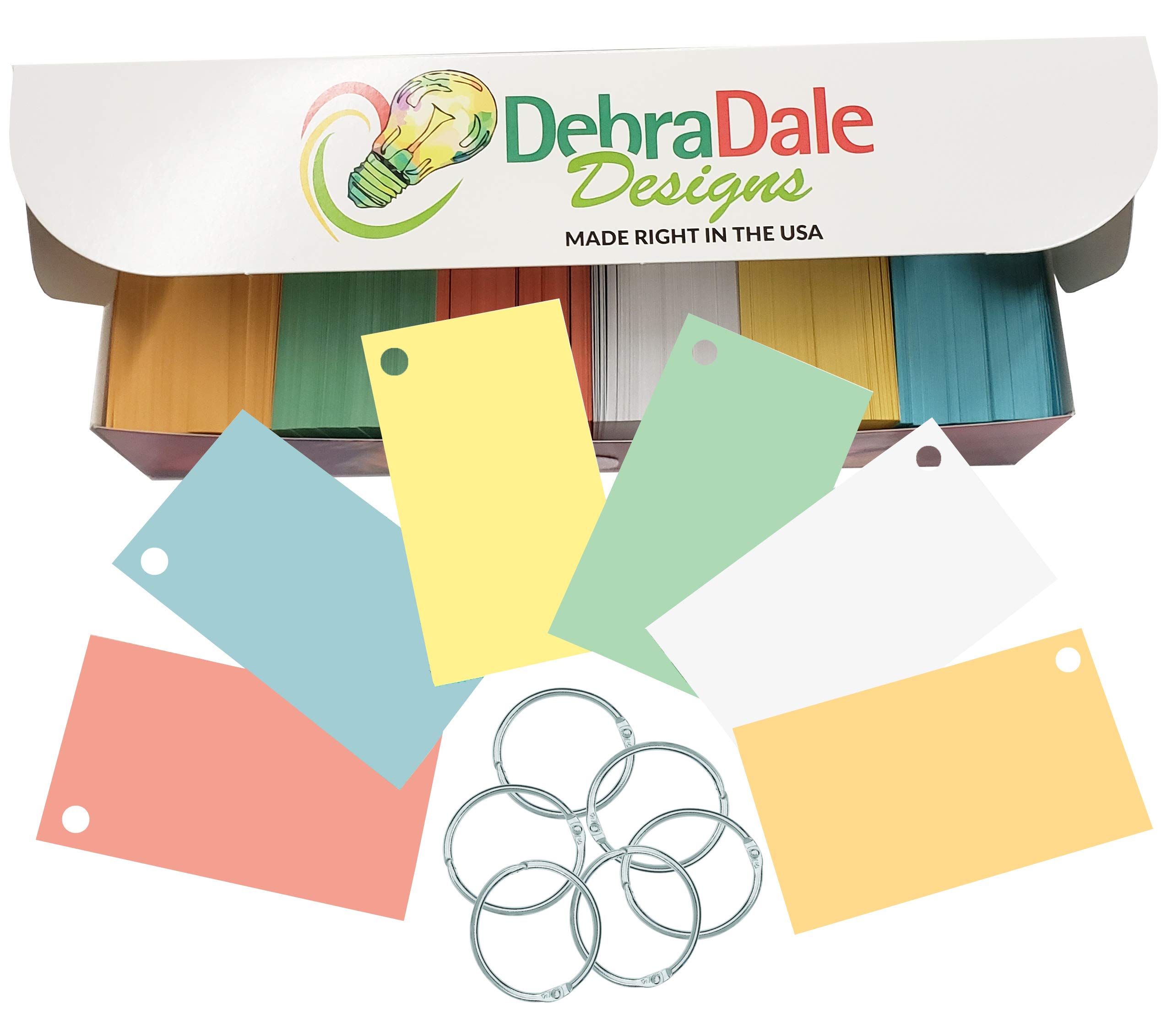 DEBRADALE DESIGNS Blank Flash Cards with Metal Rings in 6 Colors; 1,100 Index Cards - Single Hole Punched, 2 x 3.5 inches for Learning, Note Taking, Memory Drills, Site Cards (Multi-Color Punched)
