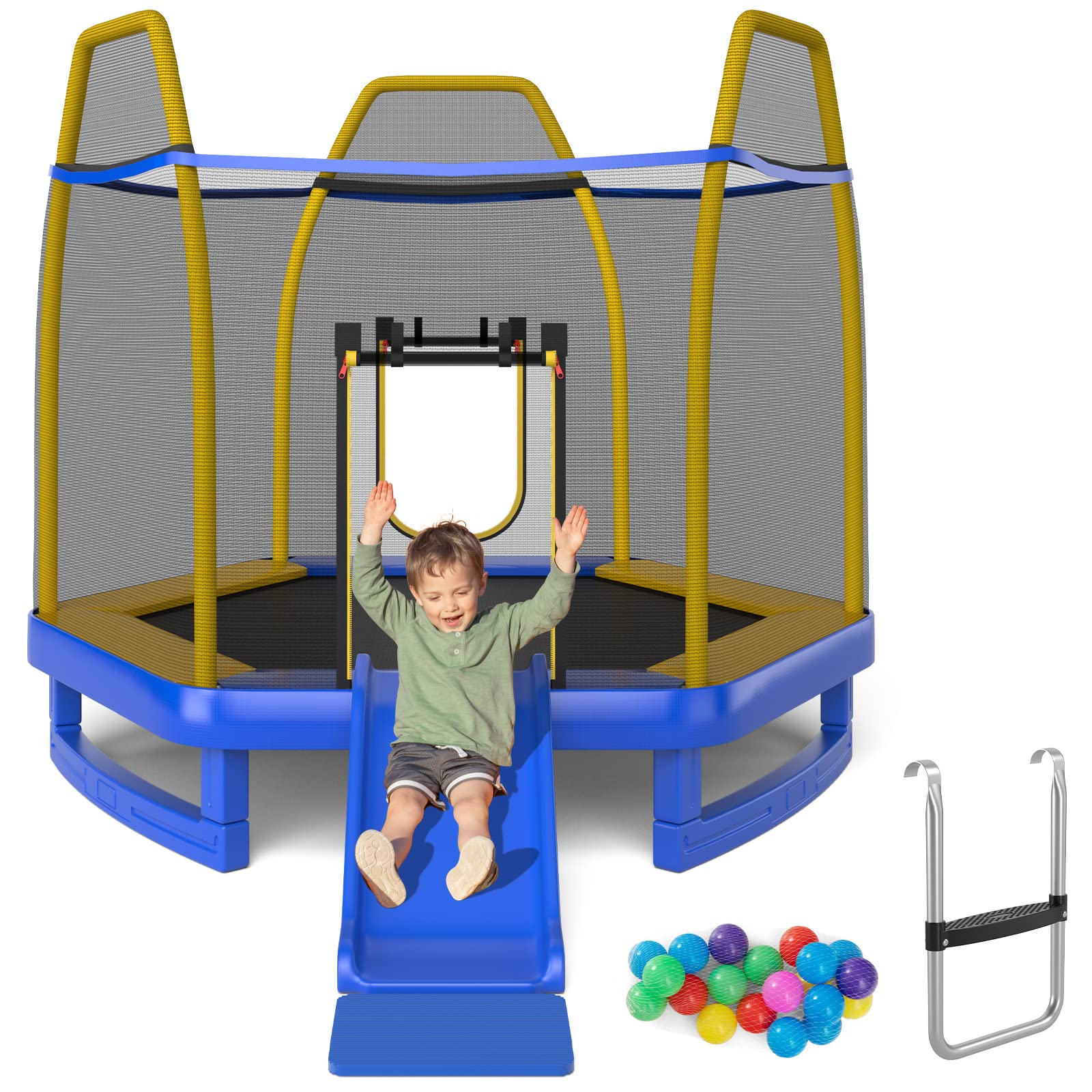 Giantex 7 FT Trampoline for Kids, Indoor Outdoor Toddler Trampoline with Ladder, Slide, Ocean Balls, ASTM Approved Small Kids Recreational Trampoline with Net, Spring Cover