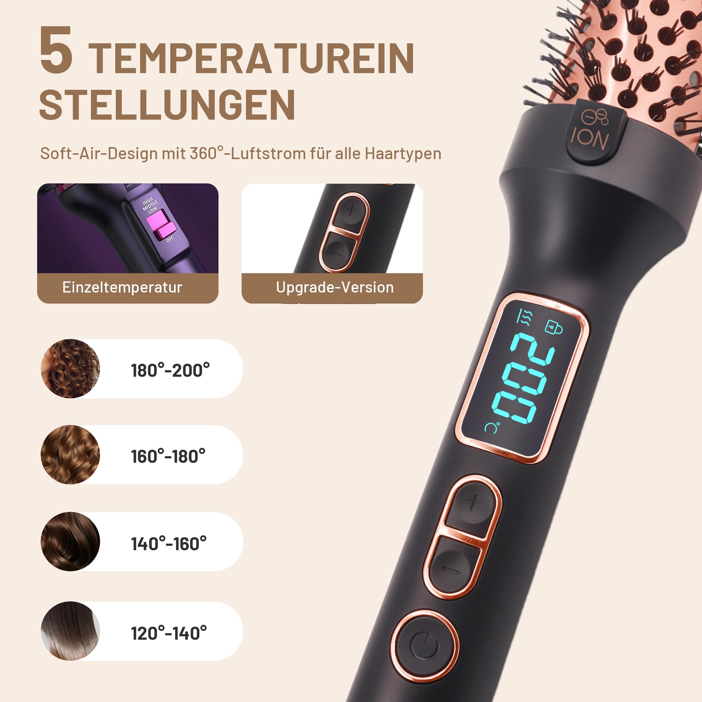 Cepillo térmico - Cepillo caliente lónico para rizos naturales y cabello brillante, 3 niveles de temperatura, calor suave, doble tensión para rizos y suavidad