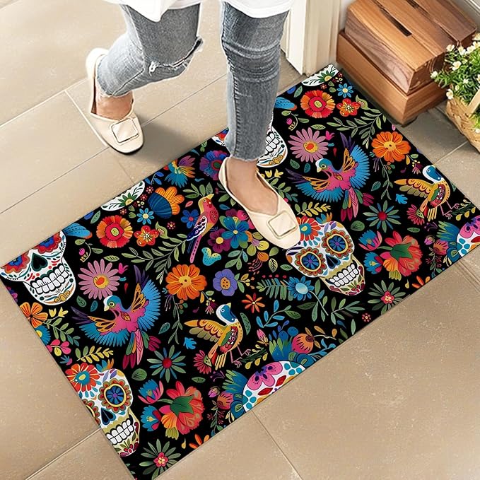 Day of The Dead Sugar Skull Indoor Door Mat – Stylish 17x29.5in Non-Woven Fabric Floor Doormat with Floral Skull Design, for Porch Insider,Bedroom,Living Room – Halloween Decor Rug Gifts