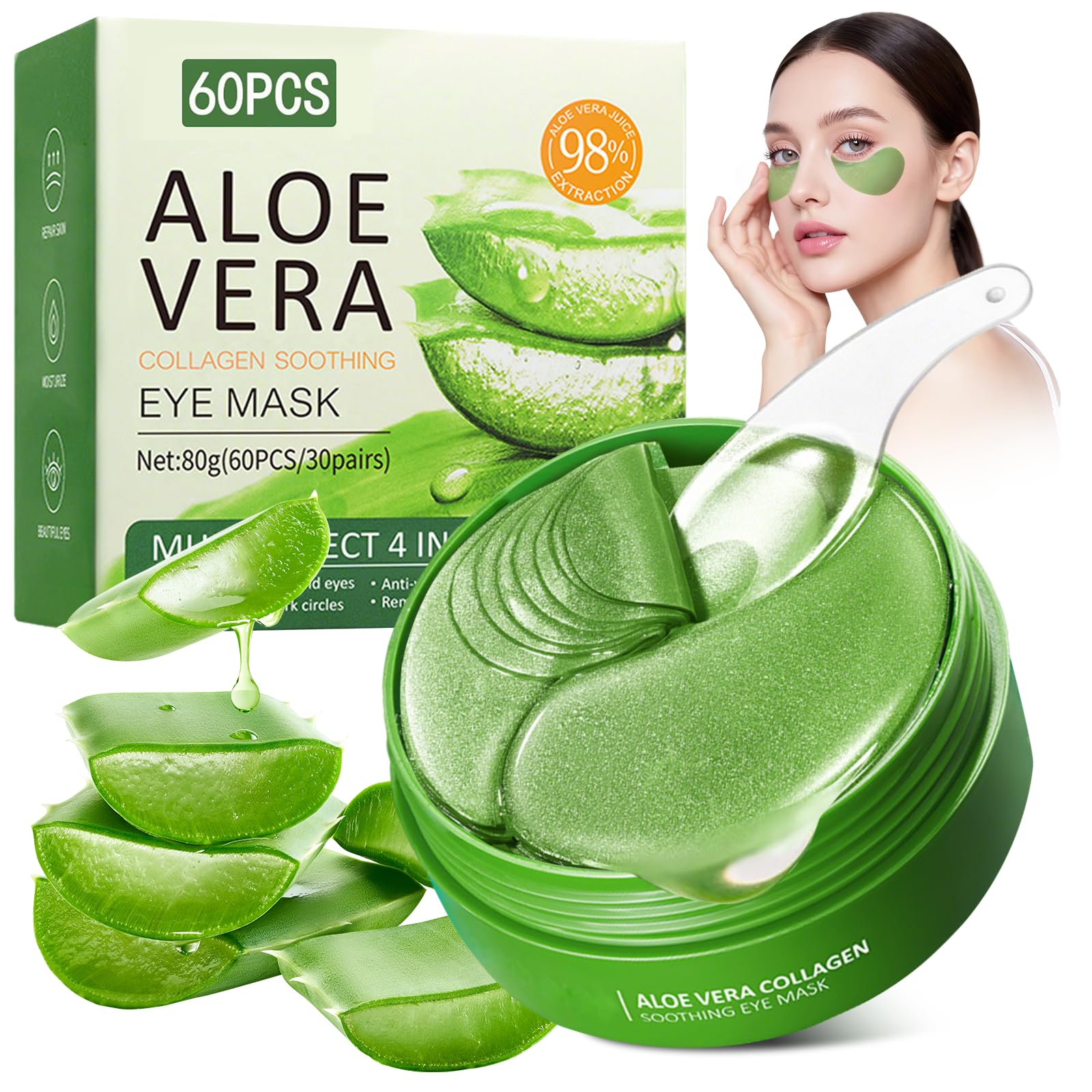 60 Pezzi Patch Occhi al Collagene e Aloe Vera, Maschera Rimuovi Occhiaie e Borse, Gonfiore, Riduce Rughe e Linee Sottili, Idratante e Rassodante Contorno Occhi, Anti-Età Donna e Uomo