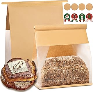 Heavy Duty Large Paper Bread Bags with Tin Tie Tab Lock 50pcs, Loaf Bag with Clear Front Window, Storage Packaging Treat Bag for Bakery Cafe Homemade Bread 10.6” × 4.3” × 8.7”