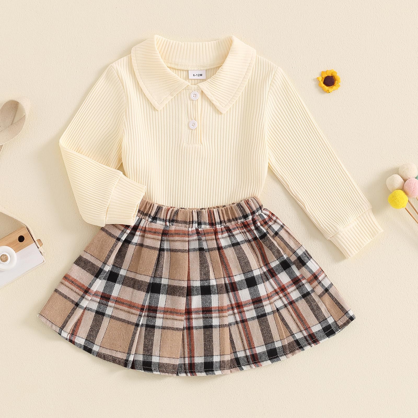 JLKGICF Toddler Baby Girl Fall Winter Clothes Long Sleeve Solid Knit T Shirt Tops Floral/Plaid Mini Pleated Skirts Set 12M-5T (Buffalo Plaid Apricot, 3-4T)