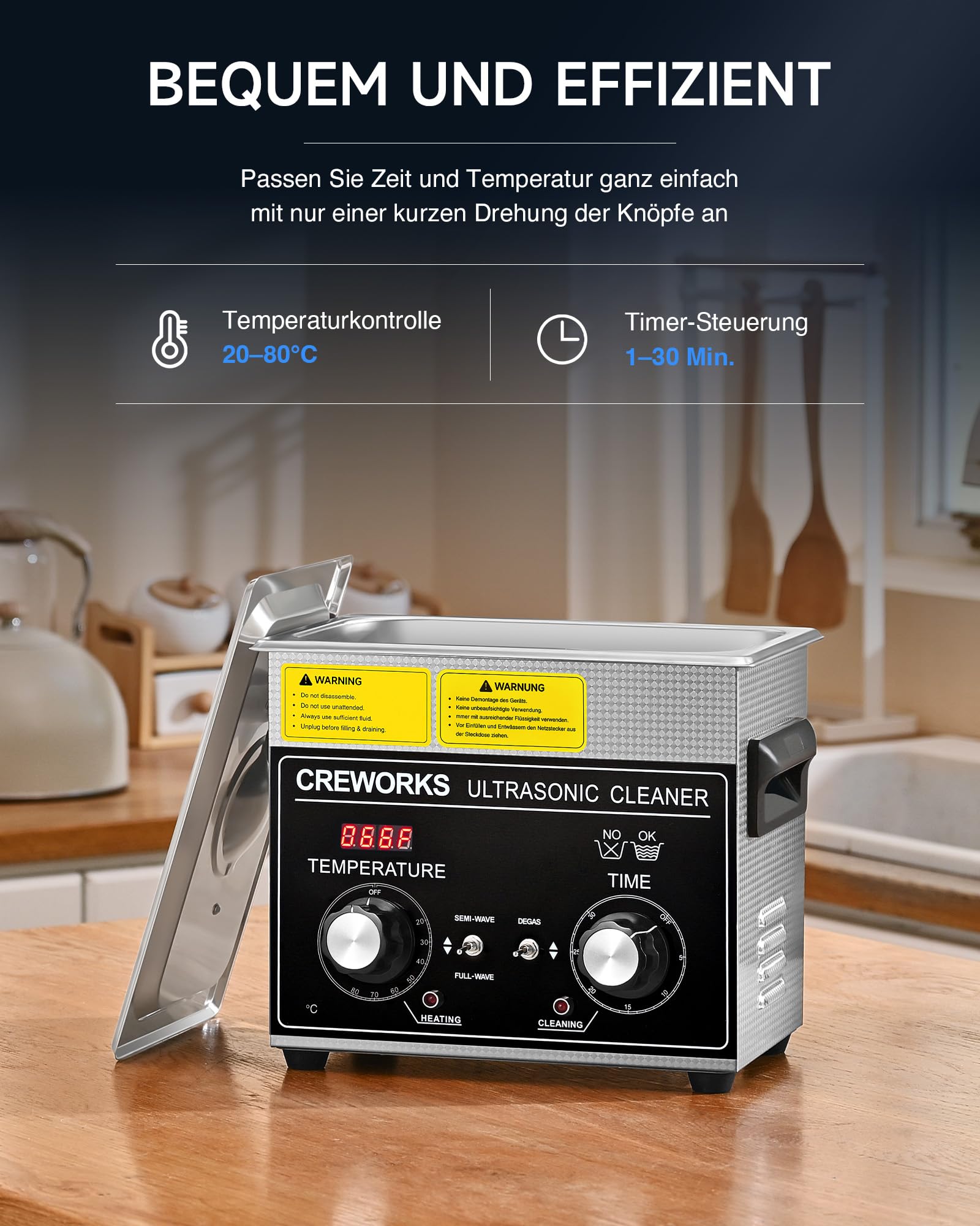 CREWORKS Ultraschallreinigungsgerät Edelstahl 3,2L Ultraschallreiniger 120W mit Heizung Timer Degas & Soft-Modus für Zahnprothesen Schmuck Brillen Uhren Gläser Ultraschall-Reinigungsgerät mit Knöpfen