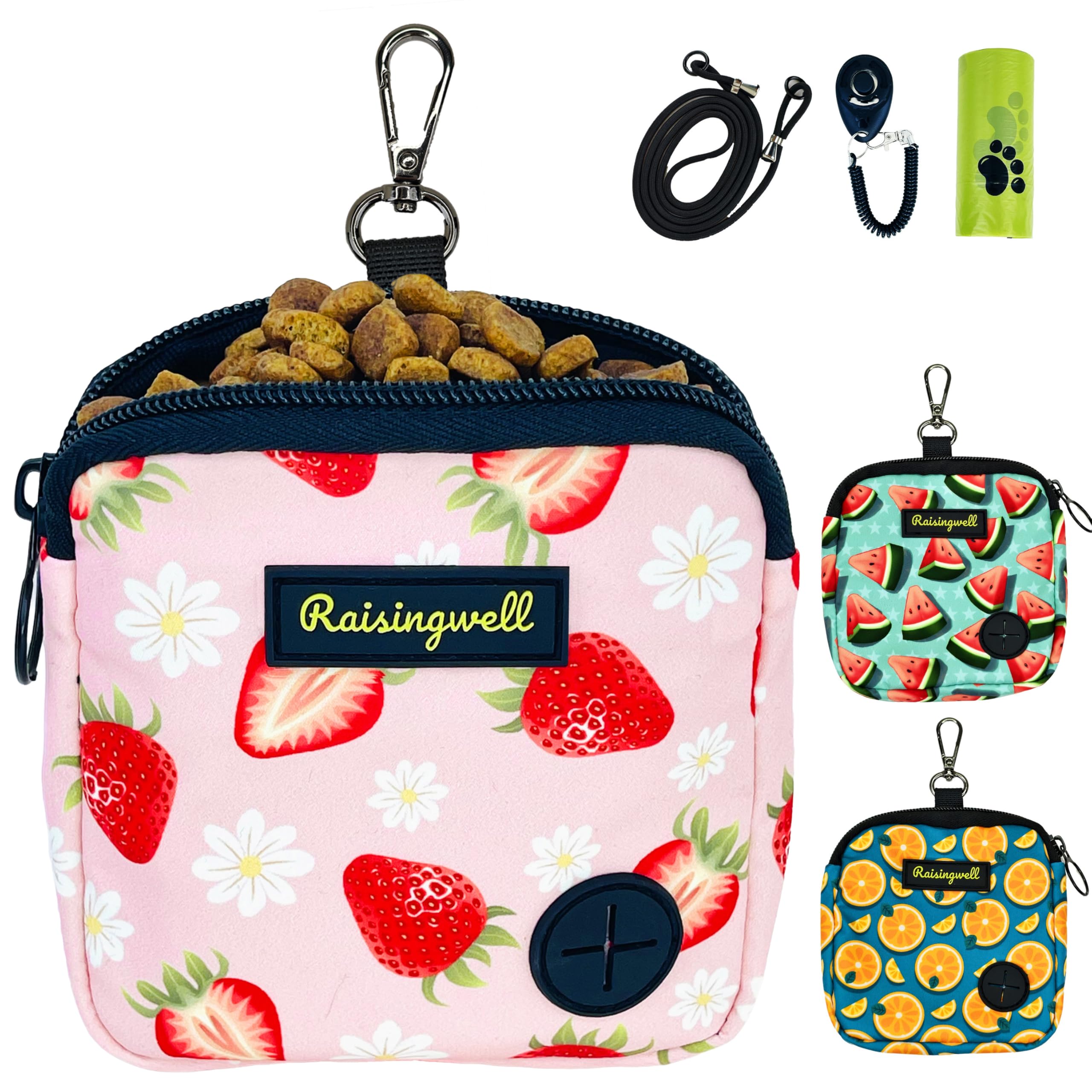 Raisingwell Dog Treat Pouch for Pet Walking and Training with Clicker Poop Bags Small Fanny Zipper Pack Holder for Puppy Snack Dispenser Kit for Leash