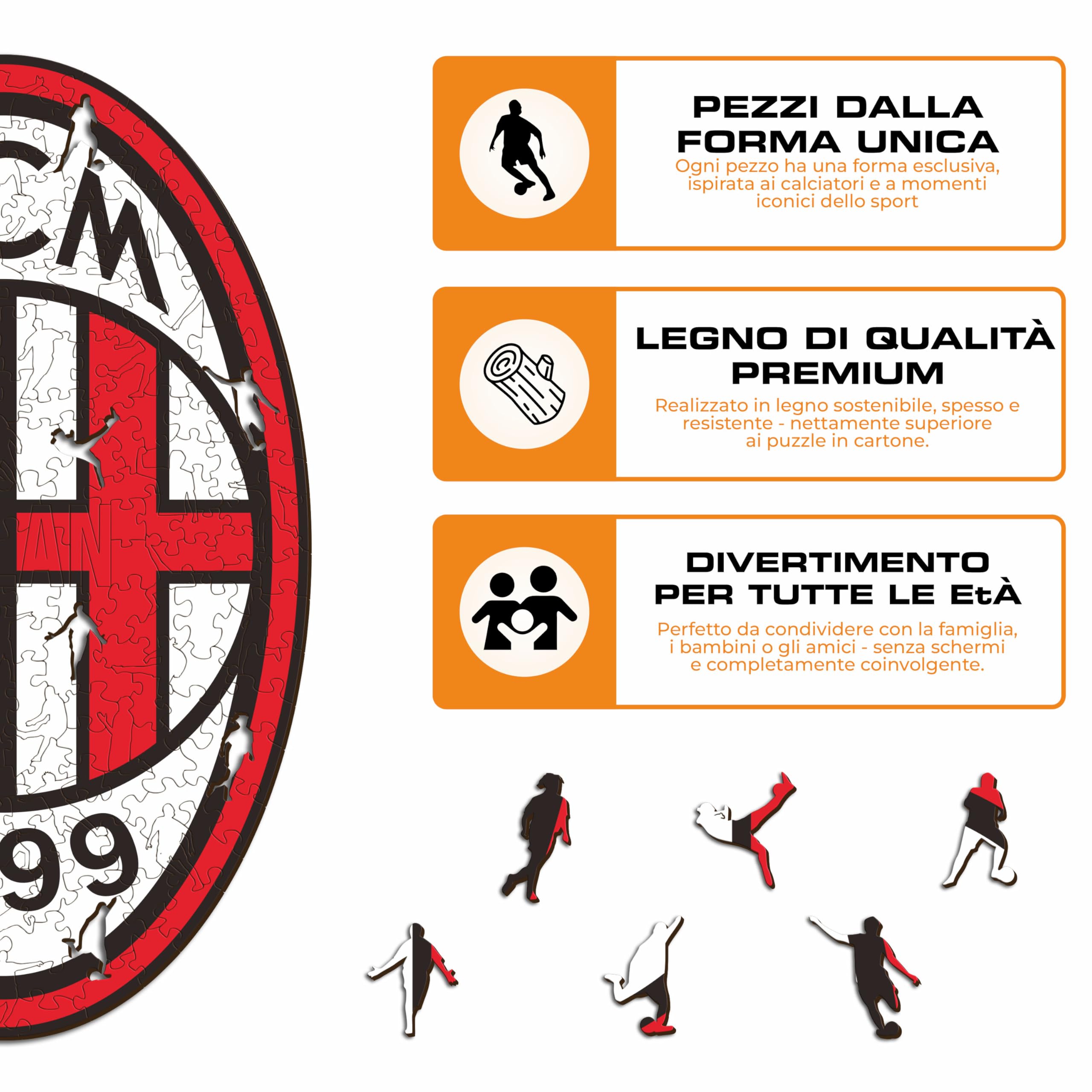 Iconic Puzzles, Milan Logo, Prodotto ufficiale, Puzzle di Legno per Adulti e Bambini, Legno 100% Sostenibile, Taglia M 270 Pezzi