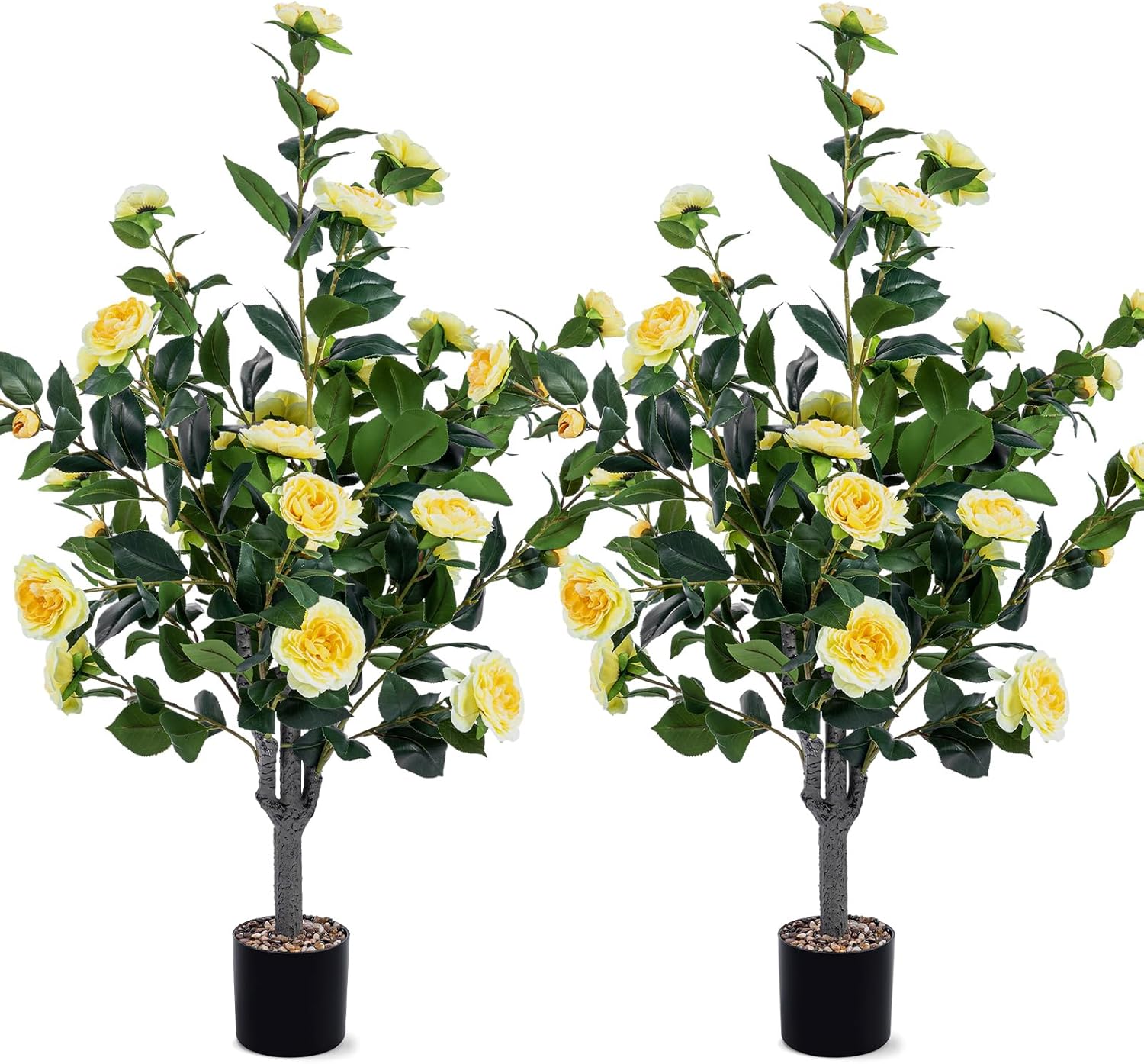 Jexine 2 Pack 40" Artificial Tree with Camellia, Fake Tree with 36 Blooming Flowers, Flower Plants Tree Faux Floral Plant Tree in Cement Pot for Indoor Outdoor Office Home Porch Decor (Yellow,40")