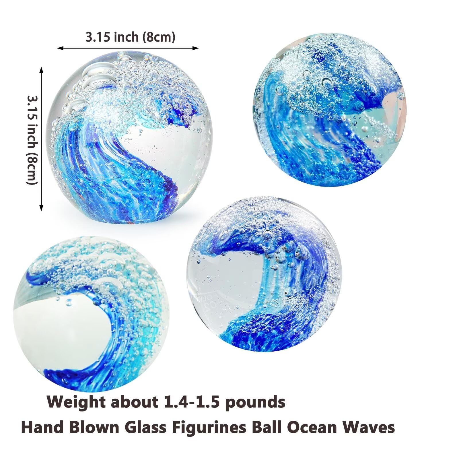 FZBHRO Decorative Crystal Ball Figurines Ocean Waves Paperweight Blown Glass Decor Sea Art Ocean Lovers Gift Blue 3.15