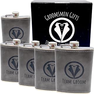 Groomsmen Proposal Gift For Wedding, Stainless Steel Wrapped Leather Hip Flask 8 Oz, Leakproof & Stamped With Team Groom . For Bachelor Party Favors or Groomsman & Best Man Gift Boxes. (Gray, 5)