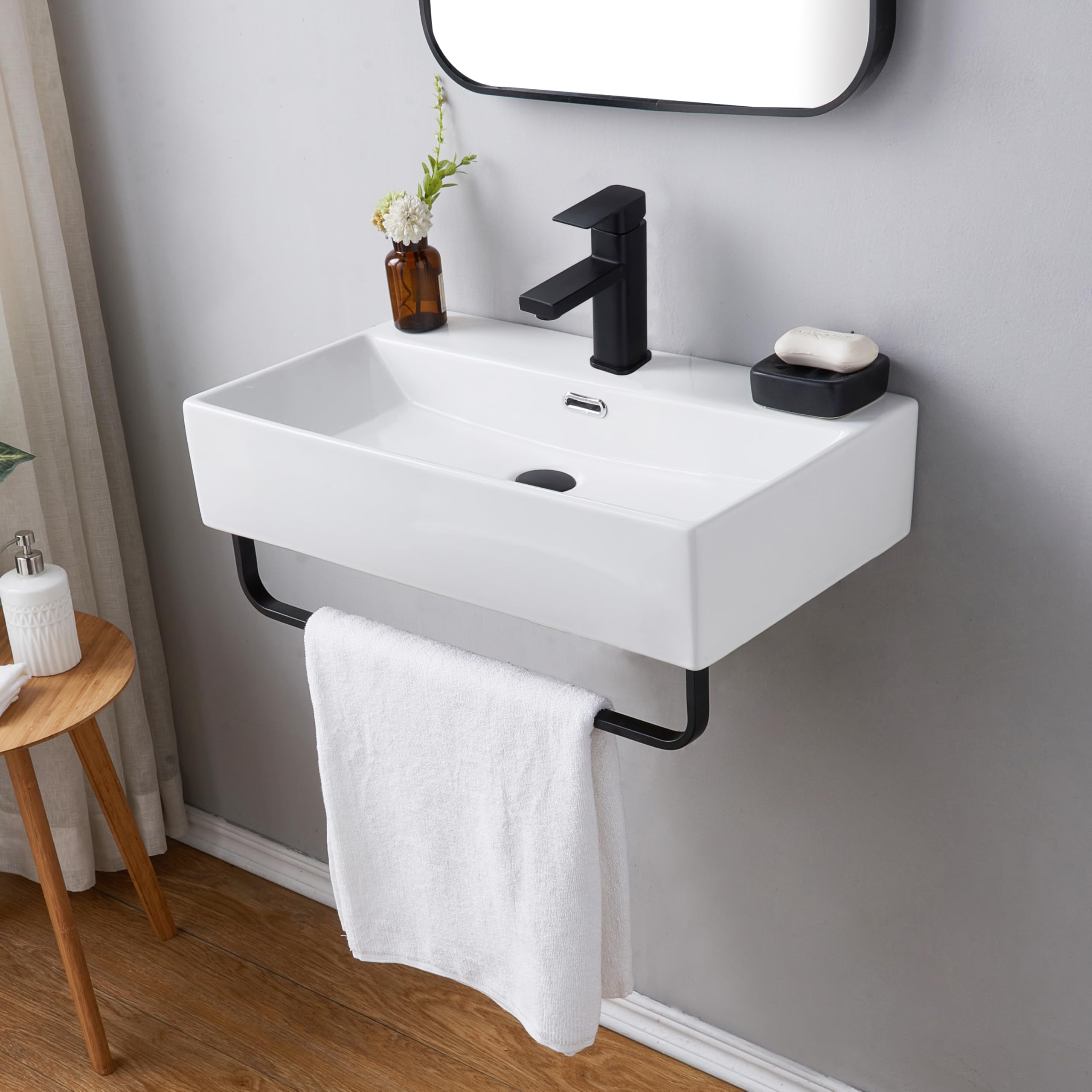 VCCUCINE 24"x14"Wall Mounted Bathroom Vessel Sink with Towel Rack,Wall Hung Porcelain Ceramic Sink,White Floating Rectangular Lavatory Vanity Small Bathroom Sink With Single Faucet Hole and Overflow