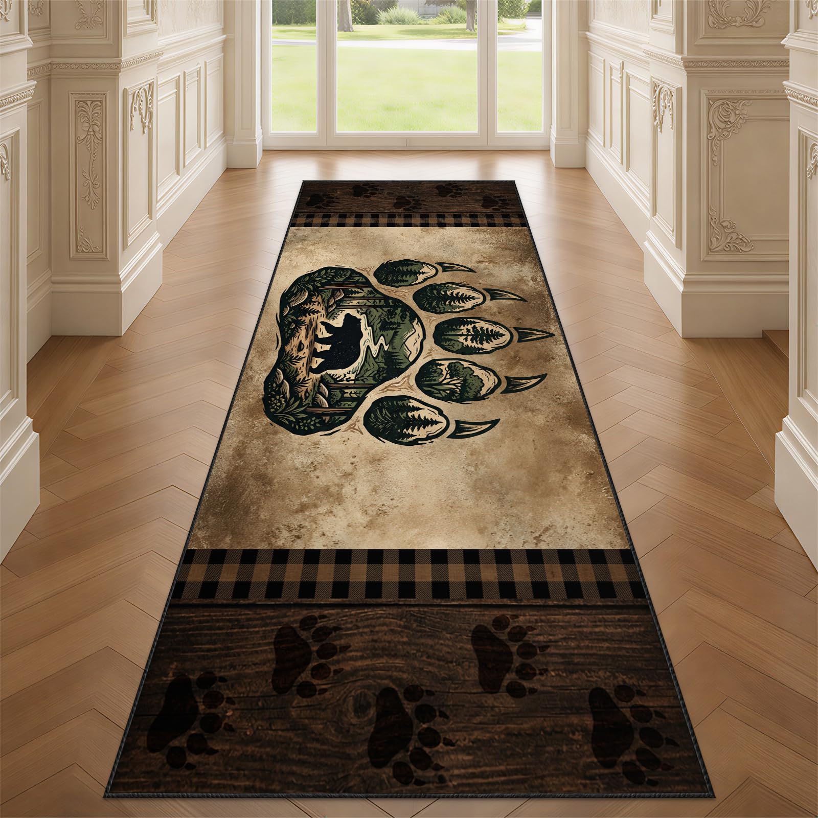 YEMYOR Bear Paw Print Runner Rug for Hallway, Black Bear Carpet Runner 80x200cm, Vintage Cabin Style Long Area Rug Non-Slip, for Laundry Room Kids Bedroom