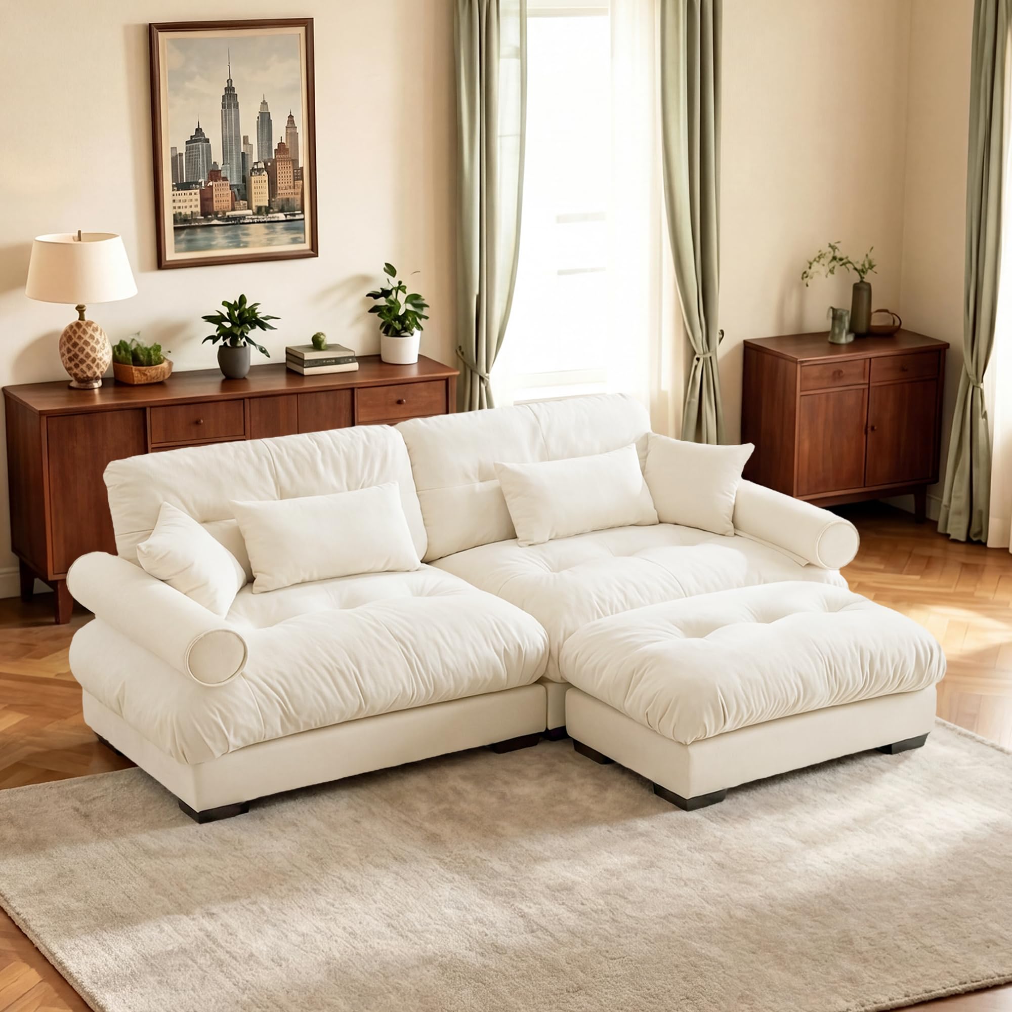 93.7" Loveseat Sofa, 2 Seater Modular Sectional Sofa, Beige White Large L Shaped Sectional Couches for Living Room, Fluffy Couch, Love Seat, Velvet
