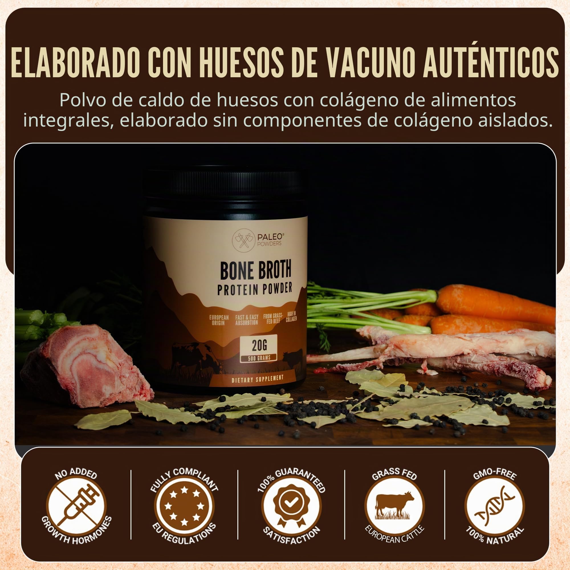 Caldo de huesos en polvo - 100% ganado europeo de pastoreo - Proteína de colágeno múltiple - 0 g de azúcar - 500 g