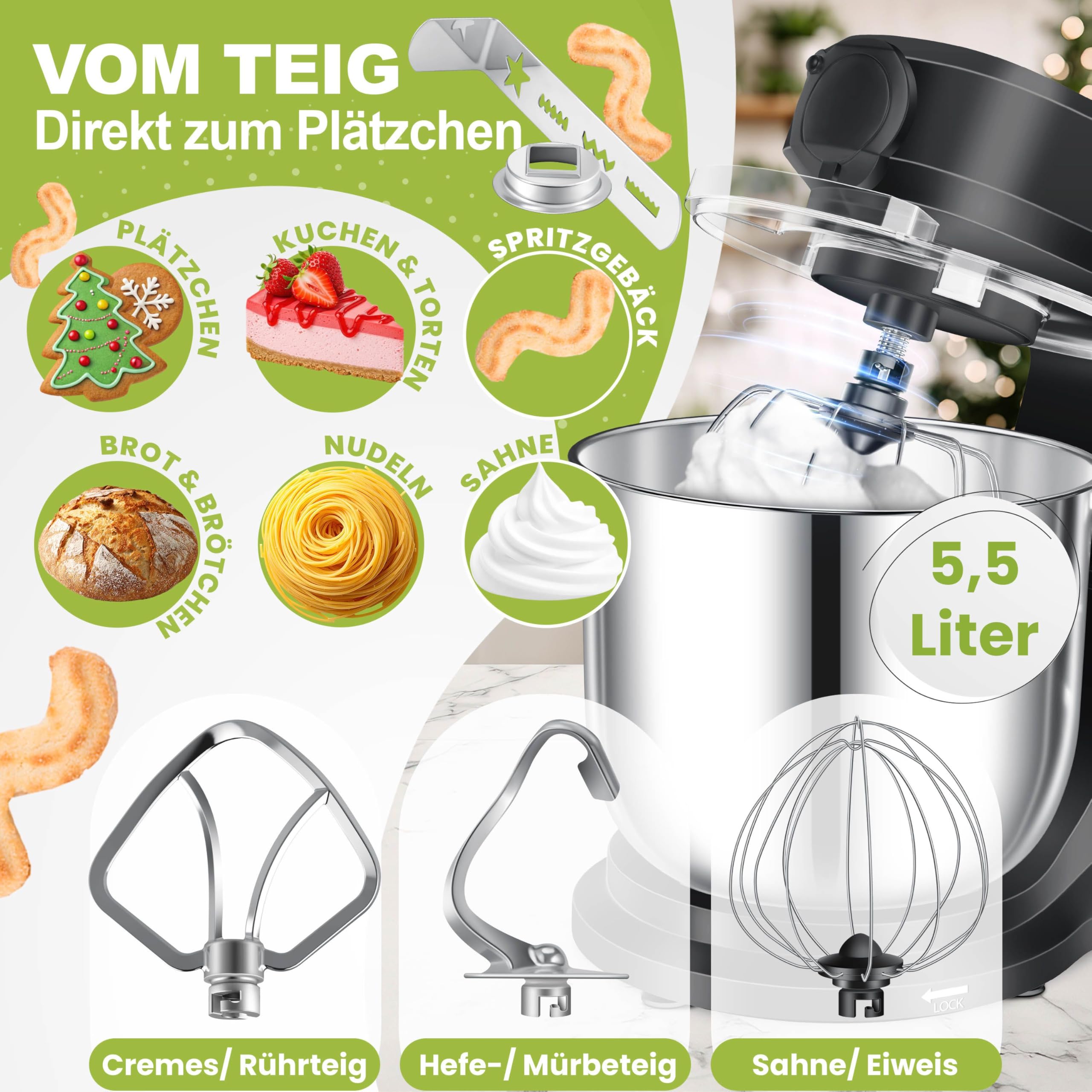 KESSER® Küchenmaschine 3in1 mit Fleischwolf & Mixer, 1500W Knetmaschine 5,5L Rührschüssel + Spritzschutz, 6 Geschwindigkeiten, Knethaken, Schneebesen, Rührhaken & Raspeln, Backen & Kochen, Schwarz
