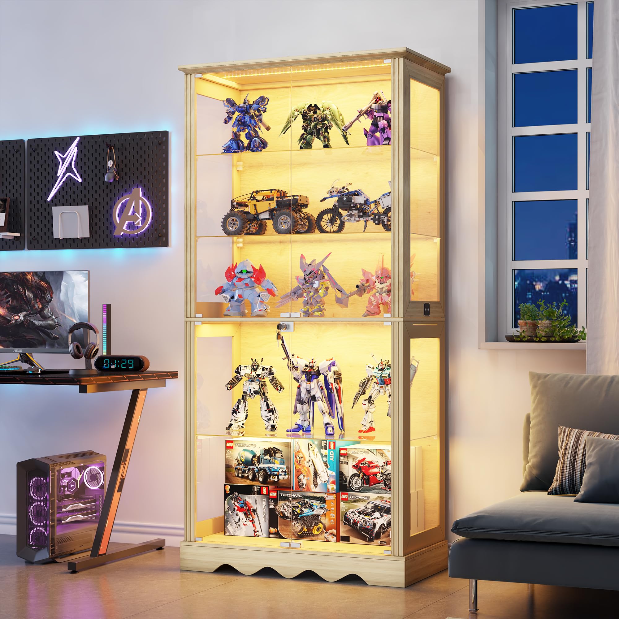 Vitrina de cristal de 5 capas de 180 cm, con iluminación LED y puertas de cristal, color madera | Vitrina con sensor inteligente para coleccionables