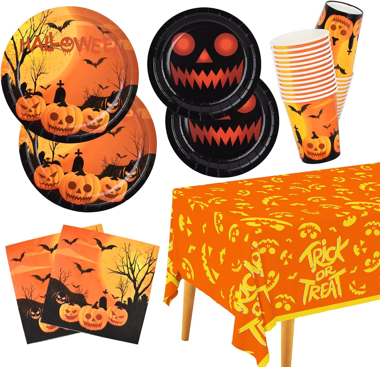 Gatherfun Halloween Party Supplies Spooky Pumpkin Disposable Paper Plates Napkins Cups with Waterproof plastic Tablecloth for Spooky Halloween Party Decorations Serve 25