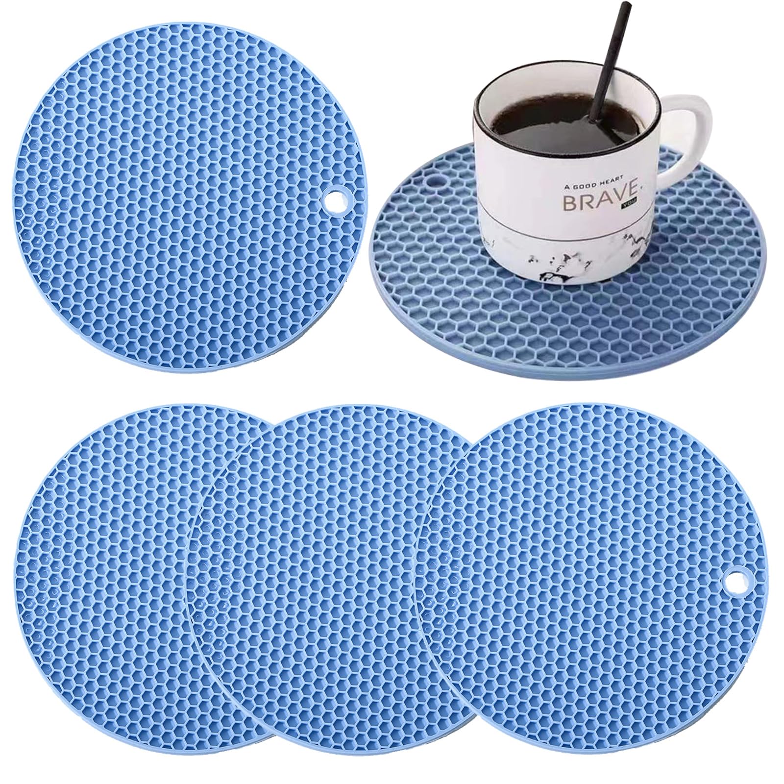 5 Pcs Thickened Silicone Trivet Mats, Non-Slip Durable Flexible Table Mats, Round Honeycome Kitchen Heat Resistant Mat for Hot Pots Holder/Pads/Pans/Dishes/Spoon Rest (blue)