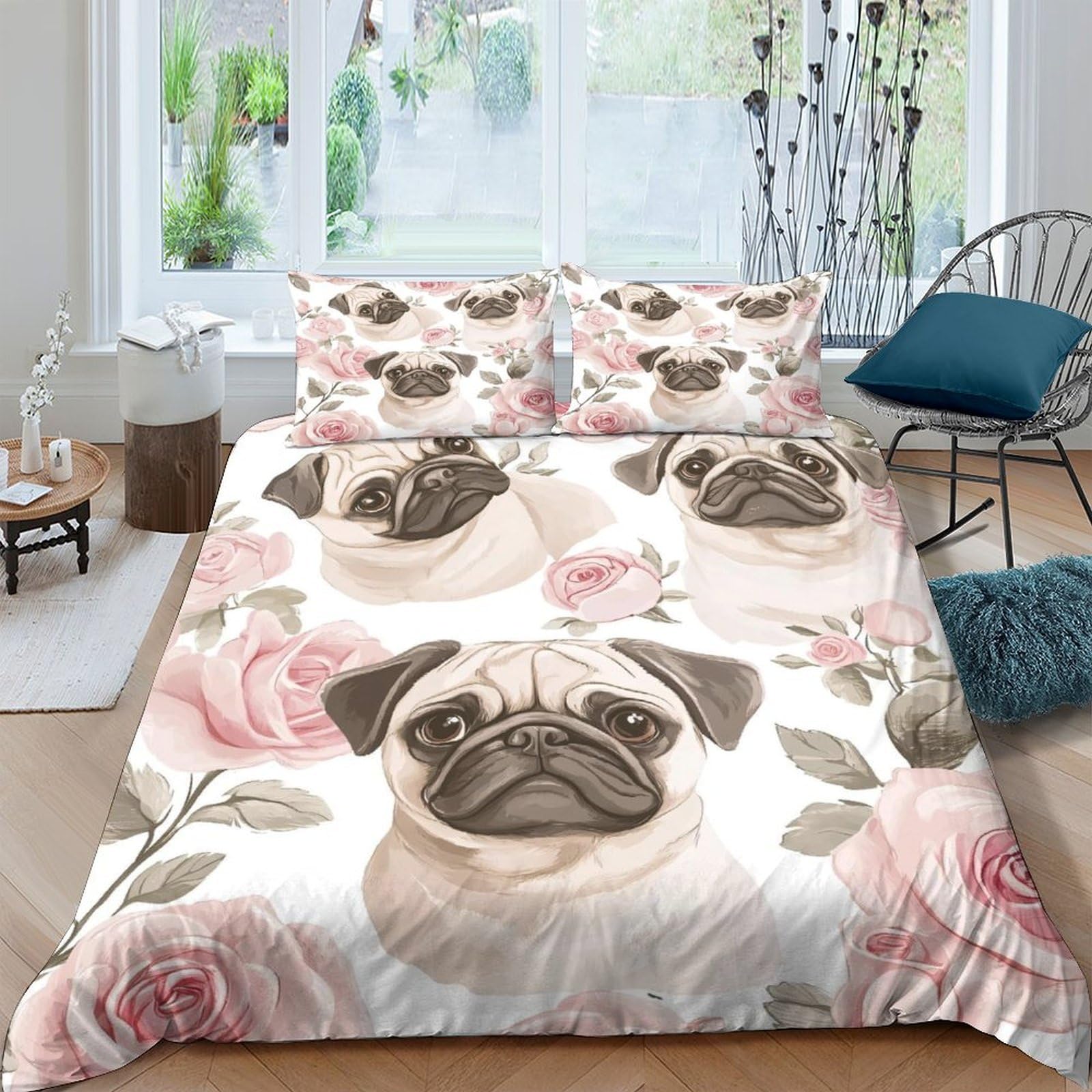 Ctjqhvkz Style-3 3D Printed Pug Dog Fitted Sheet Microfiber Soft Floral Bed Cover Anti-Slip Machine Washable For Bedroom Guestroom Decor Single（135X200cm）