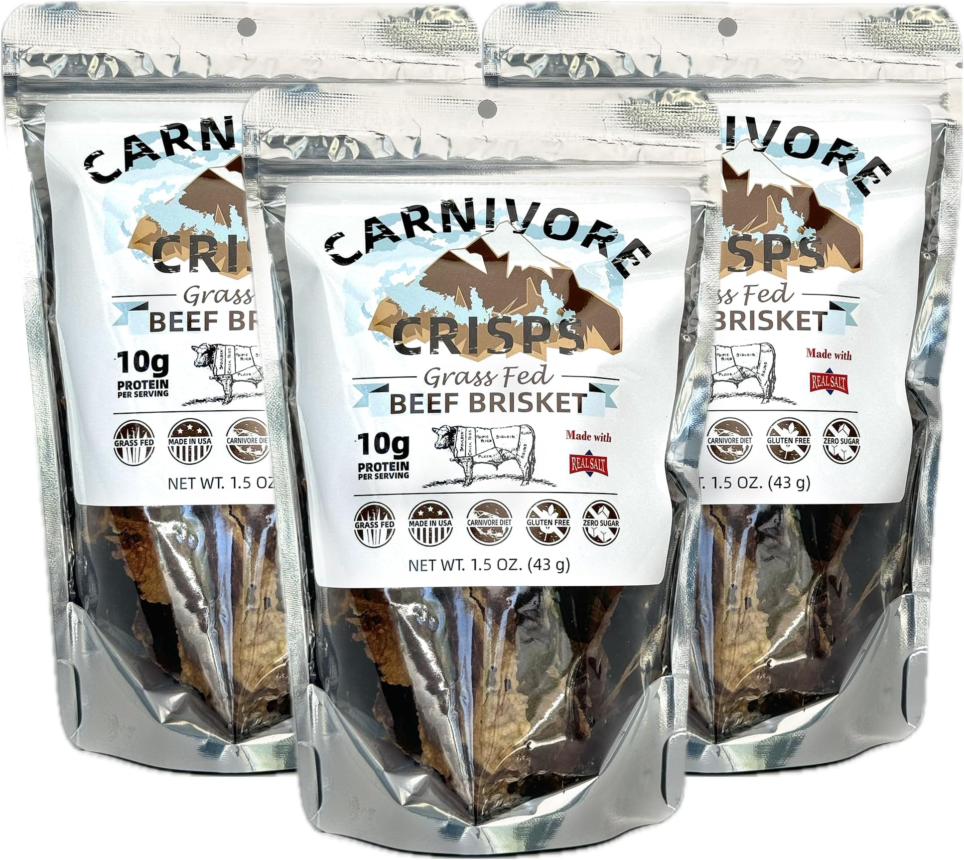 Grass-Fed and Finished Beef Brisket, Beef Crisps, High Protein, Keto & Carnivore Diet Approved, Gluten-Free, No Hormones, 1.5 oz (Pack of 3)