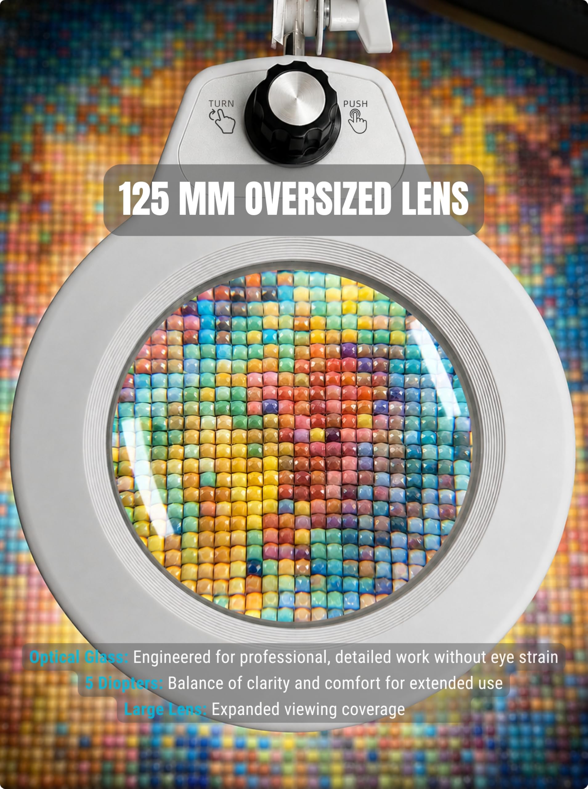 Lámpara Lupa LED de 125mm con Brazo de Muelles Internos, Blanco | Lente de 5 Dioptrías, Diseño Minimalista, Abrazadera de 6,4 cm, Luz Regulable, Ideal para Trabajos de Precisión