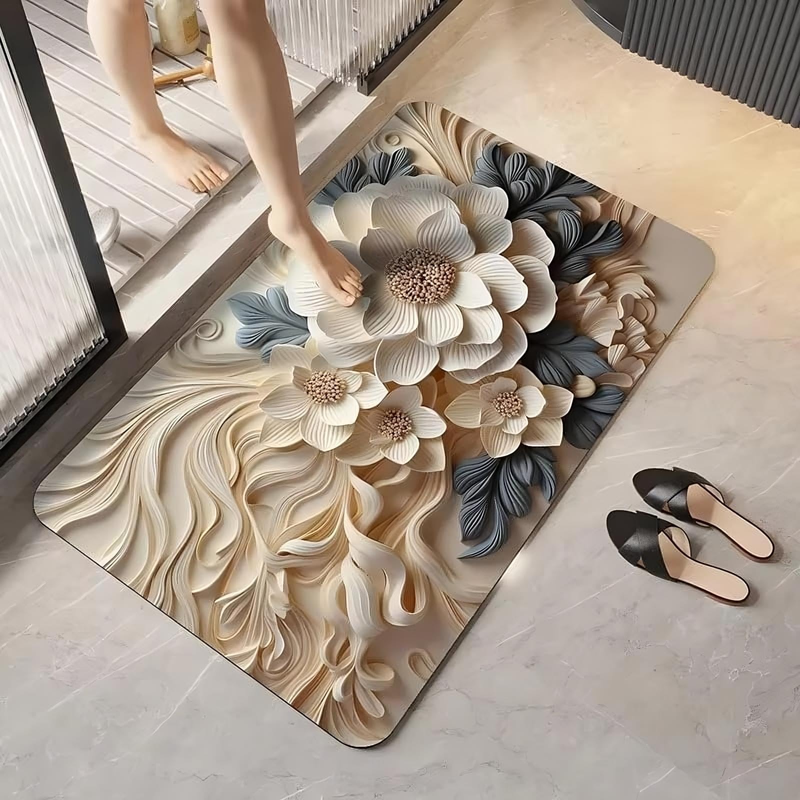 3D Anti Skid Bath Mat for Bathroom Door | Water Absorbent Rubber Floor Mat with Floral Design | Soft Quick Dry Non Slip Welcome Mat for Bathroom Kitchen Bedroom Entryway Balcony Home