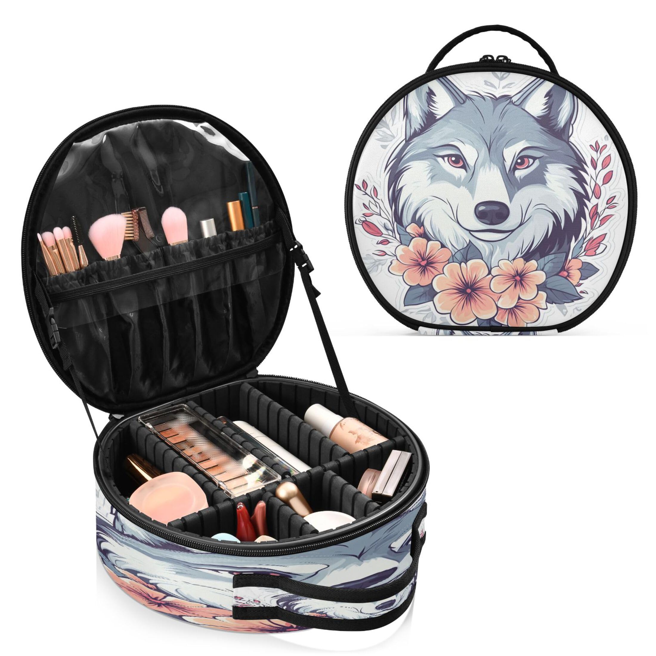 Takiito Wolf Art Travel Makeup Case Portable Makeup Box Artist Cosmetic Case Organizer With Adjustable Dividers