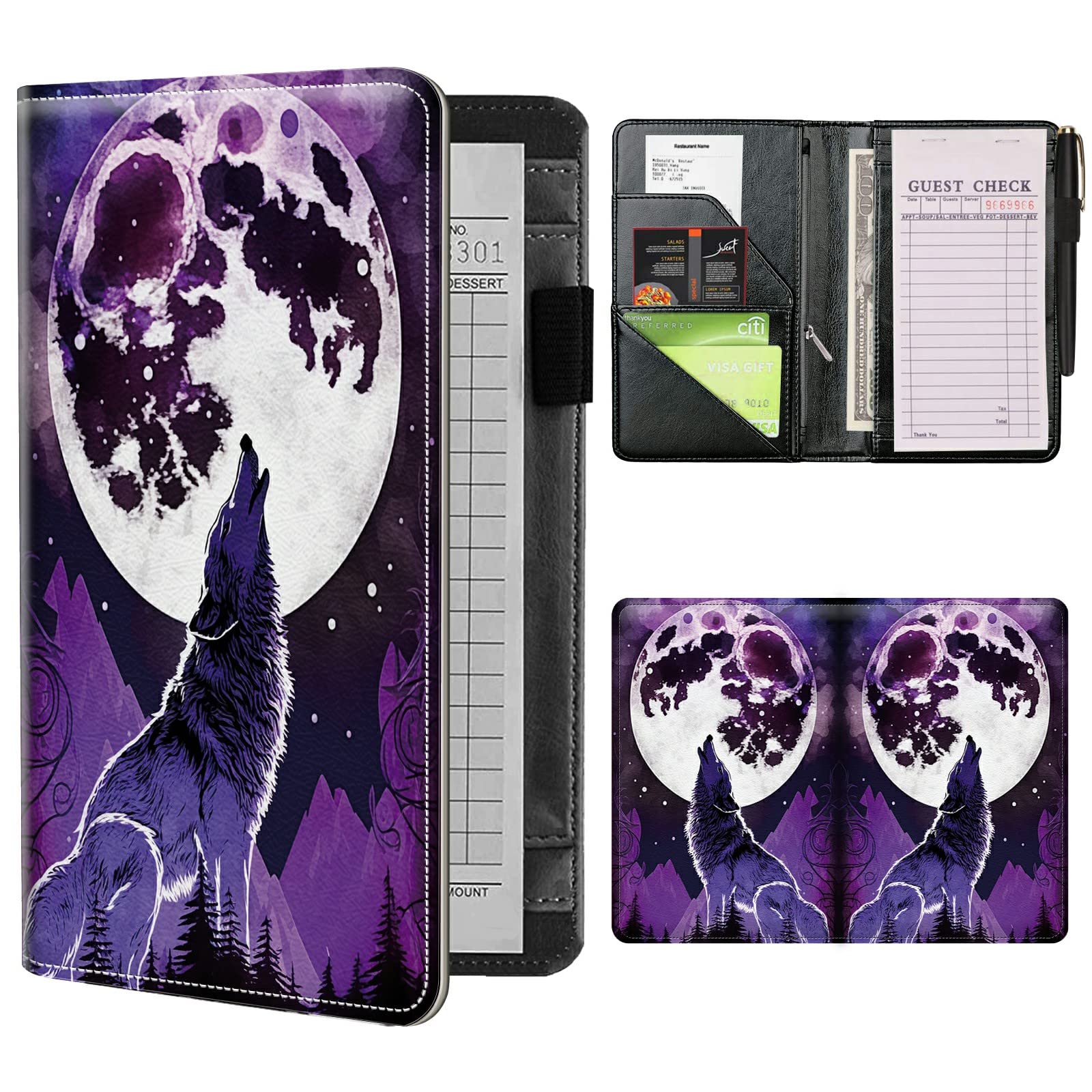 Server Books for Waitress Waiter with Zipper Pocket, Wolf Moons Leather Server Pads Waitstaff Organizer Guest Check Presenters Server Wallet Money Holder Pouch Fit Apron