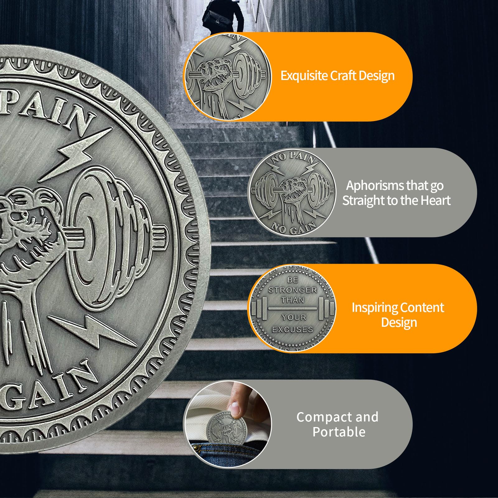 AtSKnSK Encouragement Coin No Pain No Gain Challenge Coin Funny Challenge Coin Novelty Coins Collectible Coins Pocket Token One Chip Challenge 2024 Medallion Gifts for Men Women - Image 4