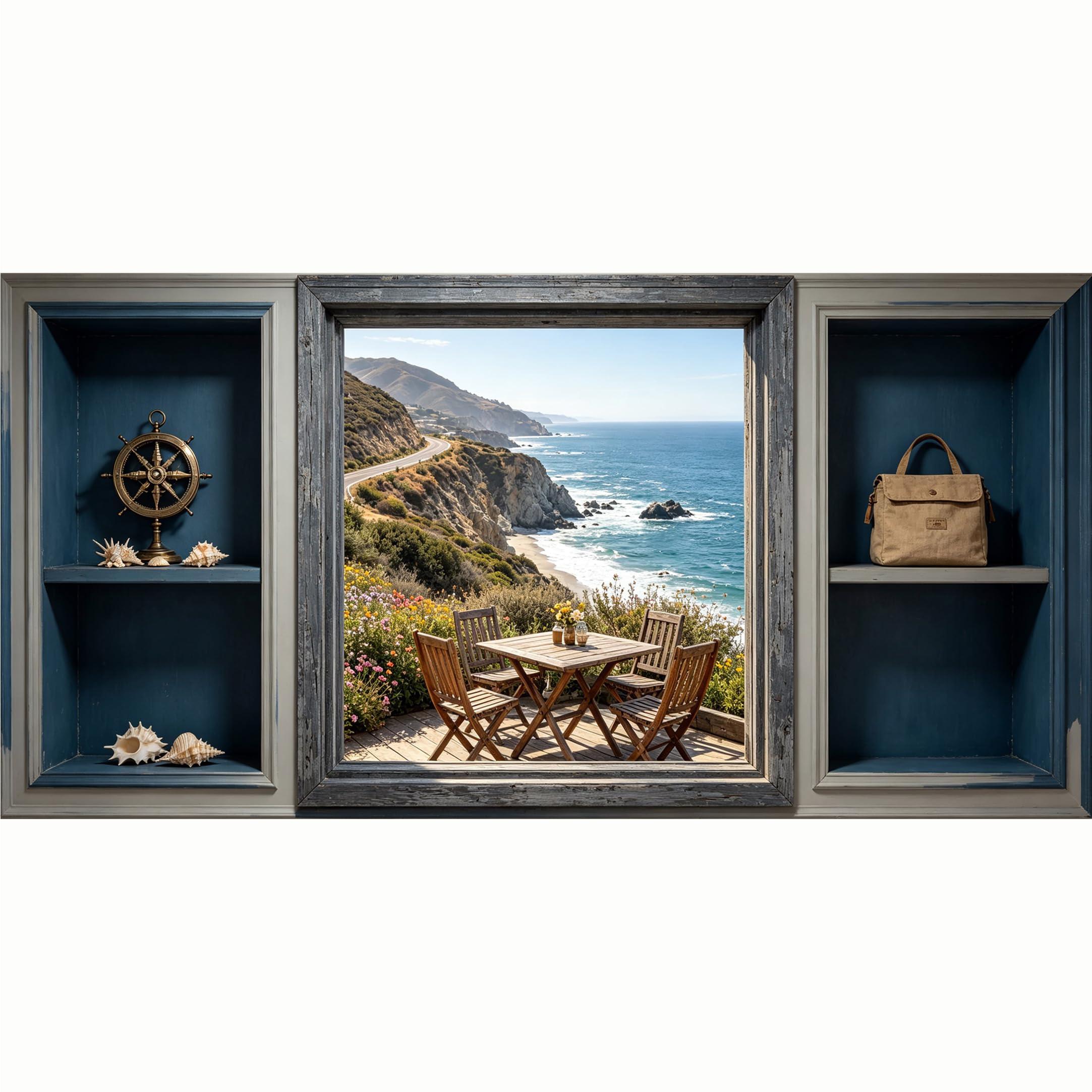 QZLITHOTIC 50x100cm 3D Framed Wall Art， Coastal Ocean View Seaside Terrace Self‑Adhesive Mural， Water‑Activated Peel & Stick Fabric Decor Wall Decal for Bedroom Living Room