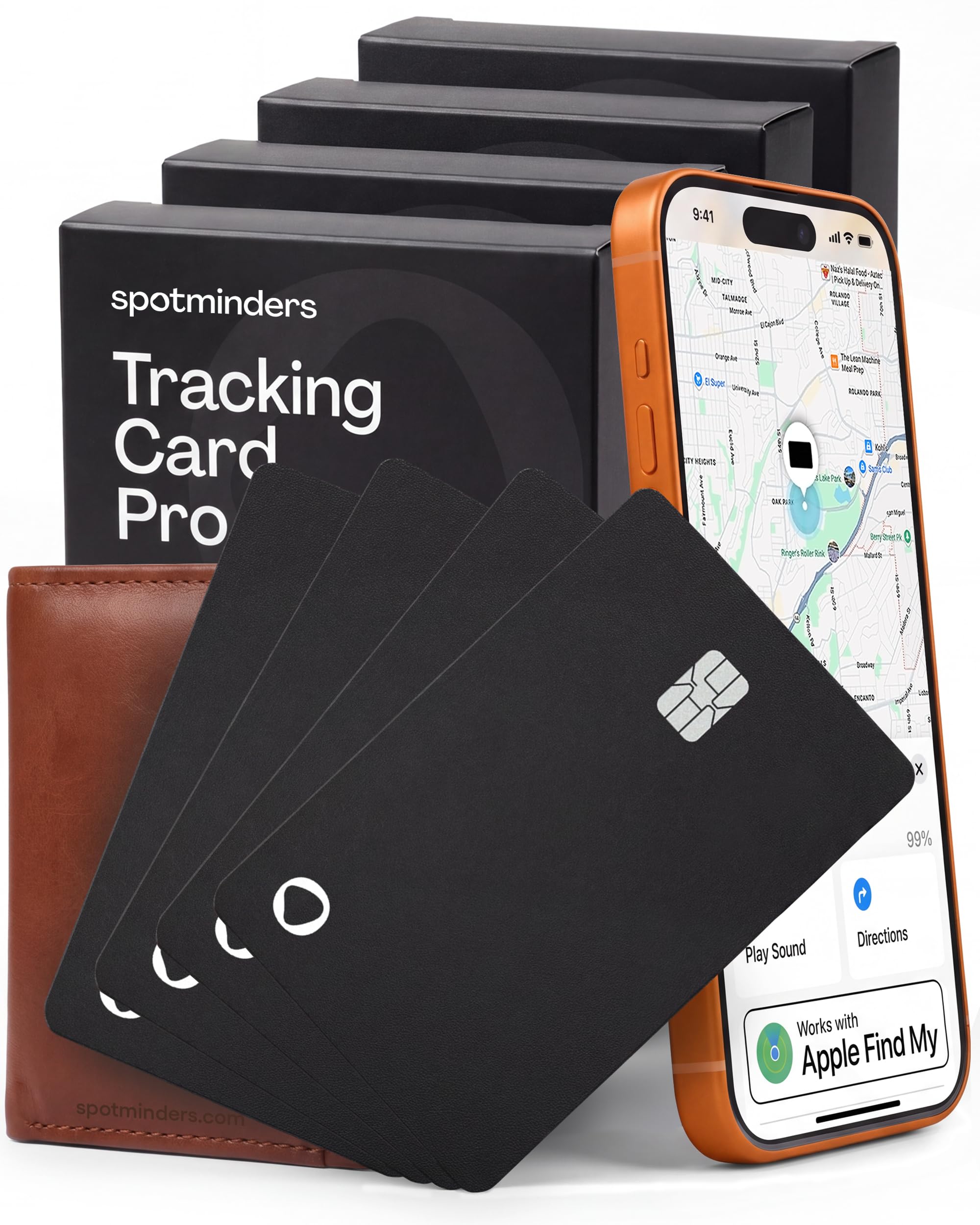 SPOTMINDERS Apple MFi Certified Credit Card Wallet Tracker PRO 4-Pack (iOS Only) Works with Apple Find My Rechargeable Tracking Card for Wallet IP68 0.07in Slim iPhone Item Finder for Luggage or Car