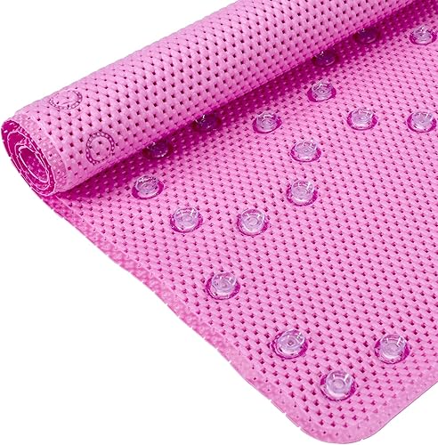 Tapete antideslizante de 36 x 17 pulgadas, tapete de ducha rosa de espuma suave para bañera, tapete de bañera con orificios de drenaje, ventosas,