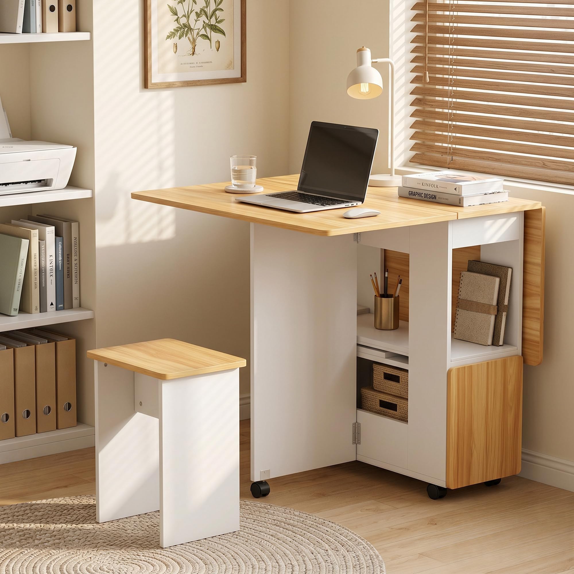 HOMCOM Conjunto Mesa y 4 Sillas de Comedor para 4 Personas Roble | Mesa de Comedor Plegable con Taburetes Ocultos, 2 Alas Abatibles, Ruedas, Estantes, Ahorro de Espacio