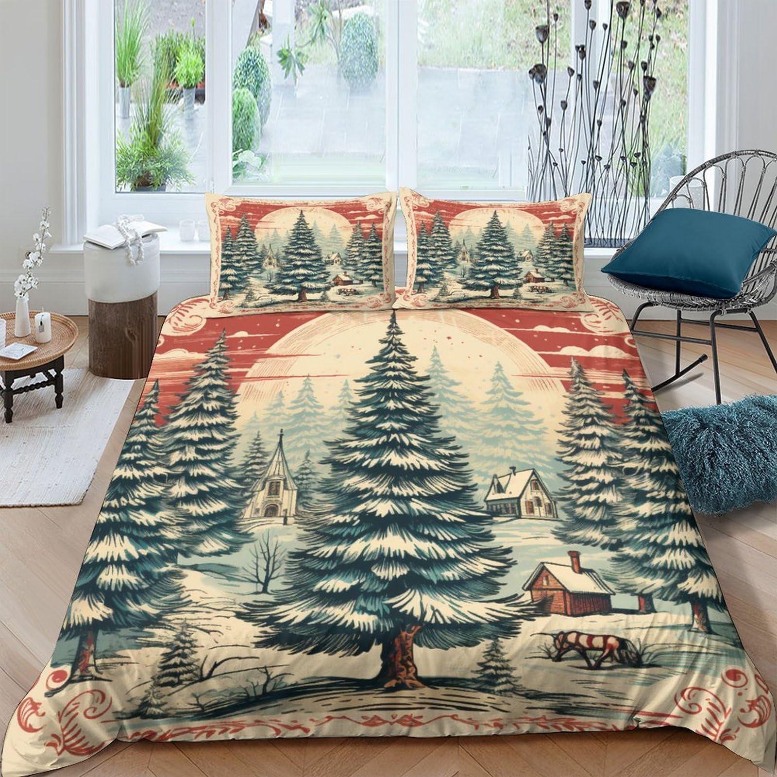 Housse de couette Noël 3D King 220x240 cm vintage avec 2 taies d'oreiller