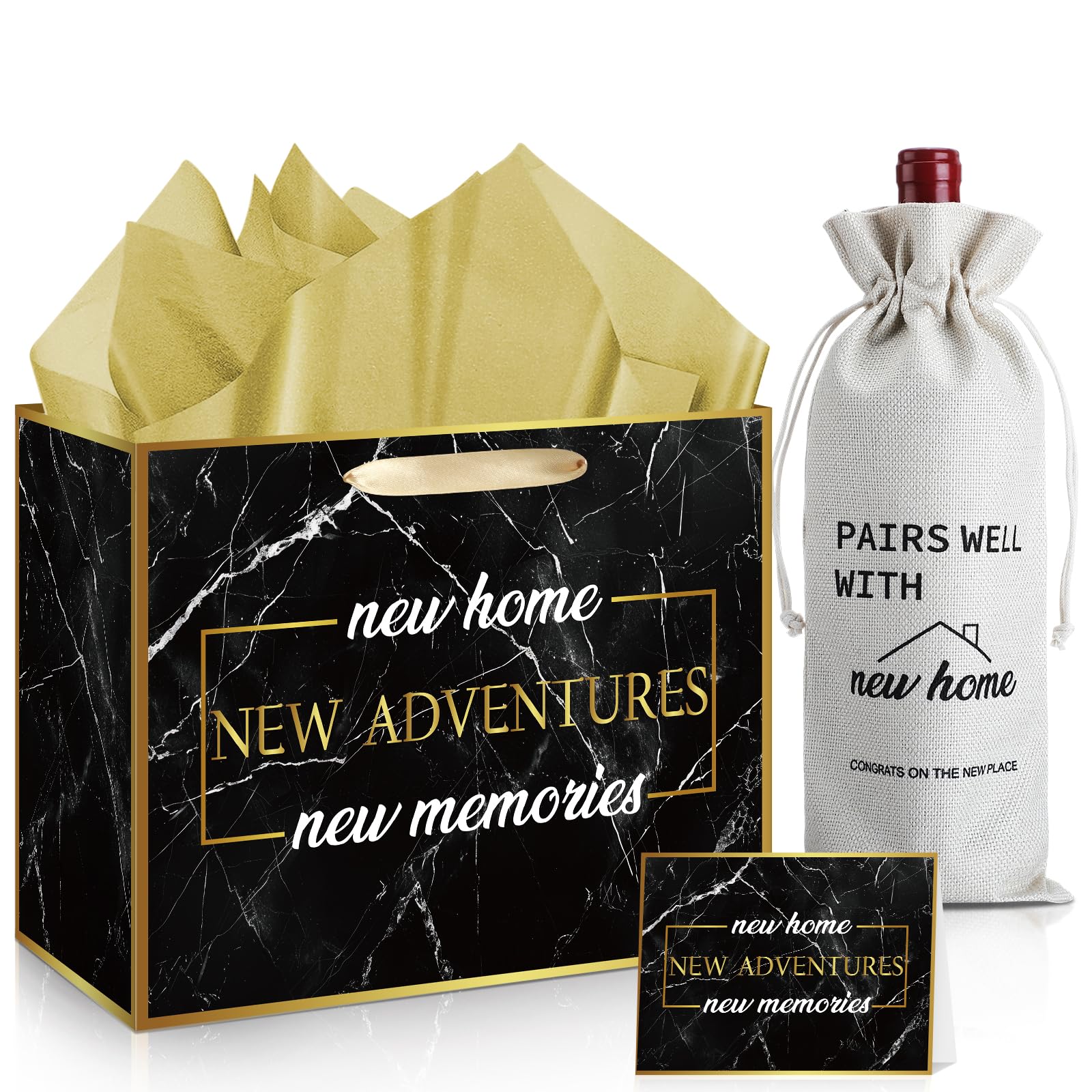 New Home Wine Gifts Bag and Housewarming Gifts Bag Set 11.8“ Black Gold New Home House Homeowner Wrapping Gift Bag with Tissue Paper Card New Adventure Present Wine Bottle Wrap Bag for Men Women