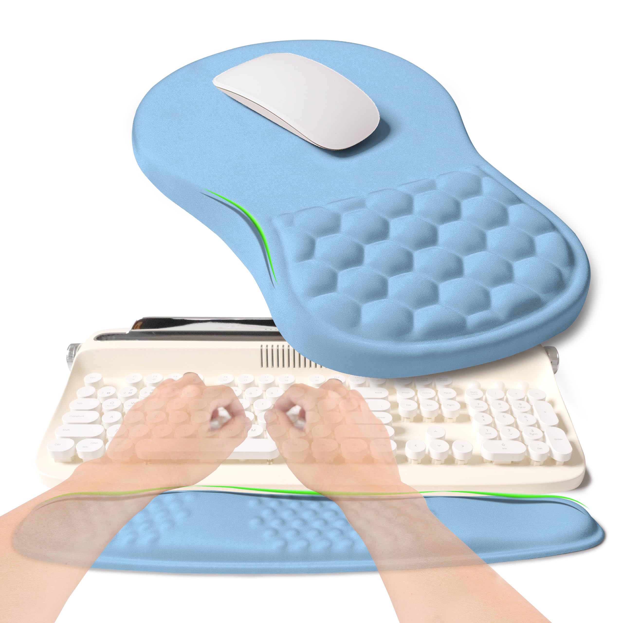KUOSGM 2-in-1 Ergonomic Set, Wave Rise Keyboard Wrist Rest and Massage Bulge Slope Mouse Pad Wrist Support, Cushion Memory Foam Integrated to Relieve