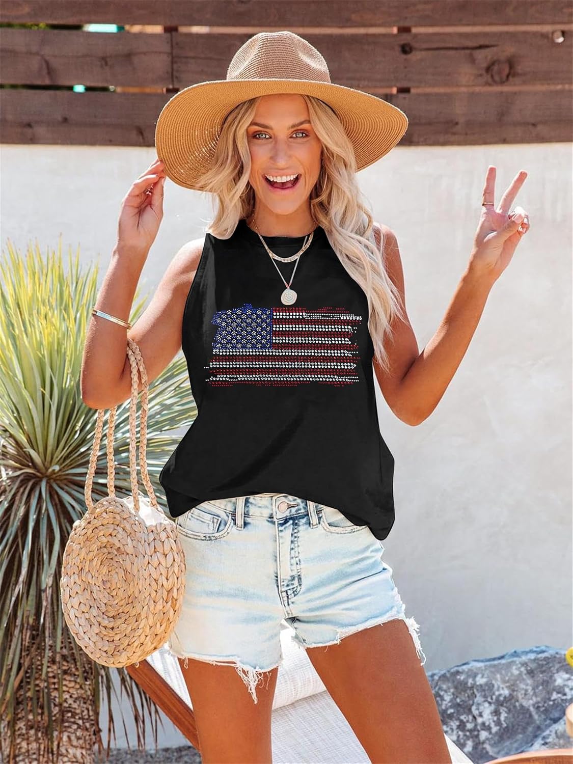 FAYALEQ American Flag Print Tank Tops Women USA Stars Stripes Patriotic T Shirt Summer Loose Vest Tees thumbnail