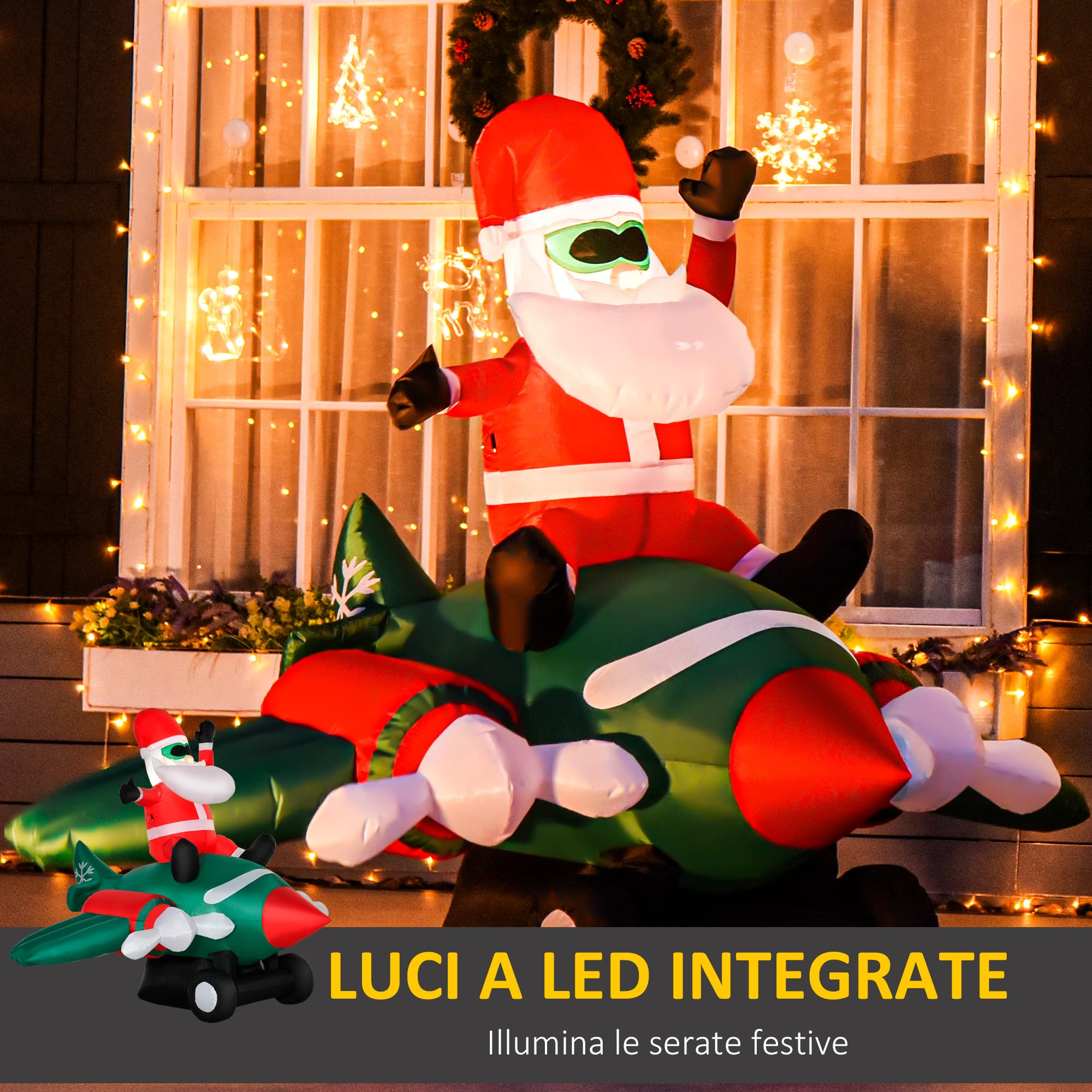 HOMCOM Babbo Natale Gonfiabile su Aereo 160cm con Luci LED Integrate | Decorazione Natalizia da Esterno
