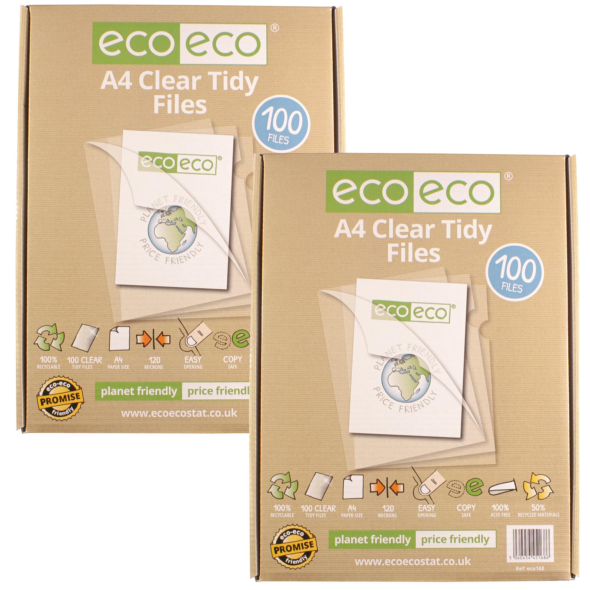 eco-eco A4 50% Recycled Box 200 Tidy Report Files, 120 Micron Open Top & Side Covers File Wallets Clear Cut Flush, eco168x2