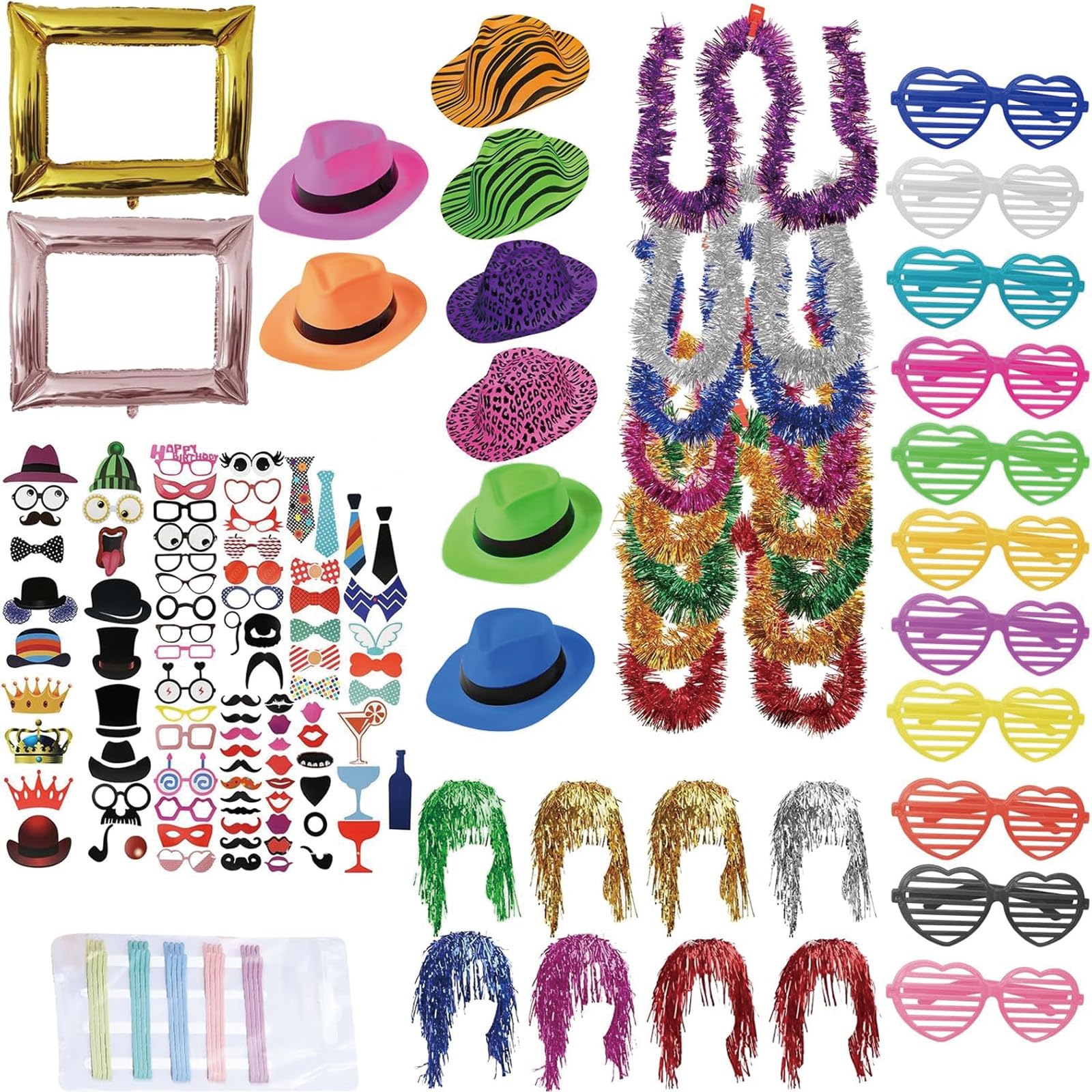 147pcs Accessoires De Cabine Photo,Kit de 147 Accessoires de Fête néon,chapeaux néon, perruques métallisées,lunettes d'obturation, boa colorés, accessoires de photomaton pour mariage, Halloween, Noël