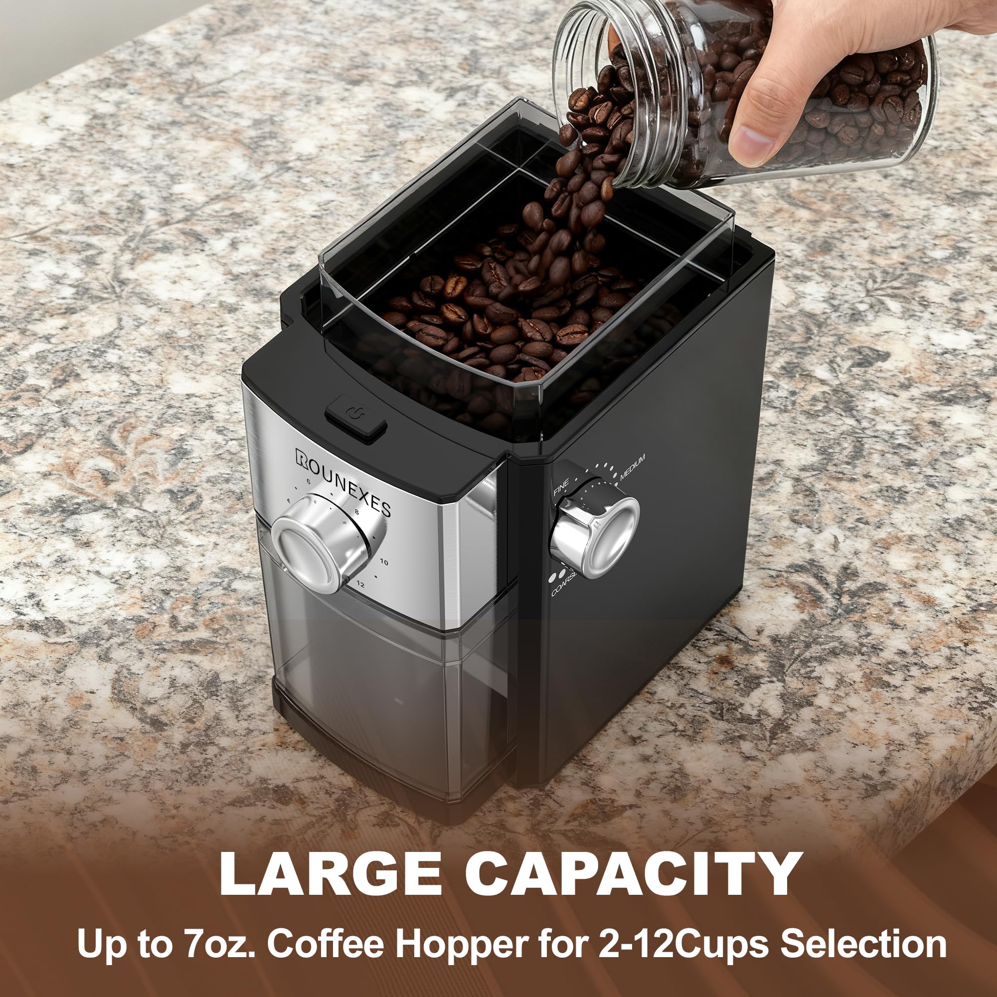 ROUNEXES Electric Flat Burr Coffee Grinder, Compact Coffee Grinder for Home Use, Burr Mill Grinder with 17 Precise Grind Settings, 7oz Large Hopper, Removable Burr & Coffee Container — view 2