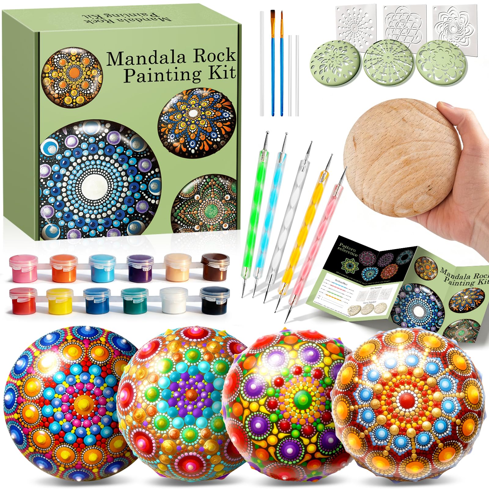 Mandala Rock Painting Kit - 5 Large Wooden Rocks for Painting with 6 Stencil Supplies - Mandala Dotting Tools Kit - Dotting Tools for Paint Rocks - Dot Art and Crafts for Adults Woman