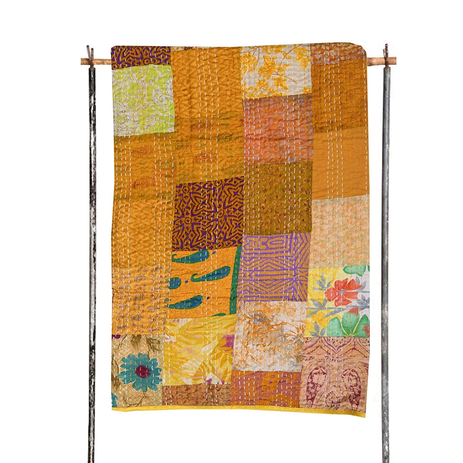 King Yellow Multi Patola Silk Patch Work Kantha Quilt , Kantha Blanket, AC Rallies Indian Sari Quilt, Bed Cover, Queen Patch Kantha Throw, Bohemian Bedding Kantha Size 90"x108" Inches