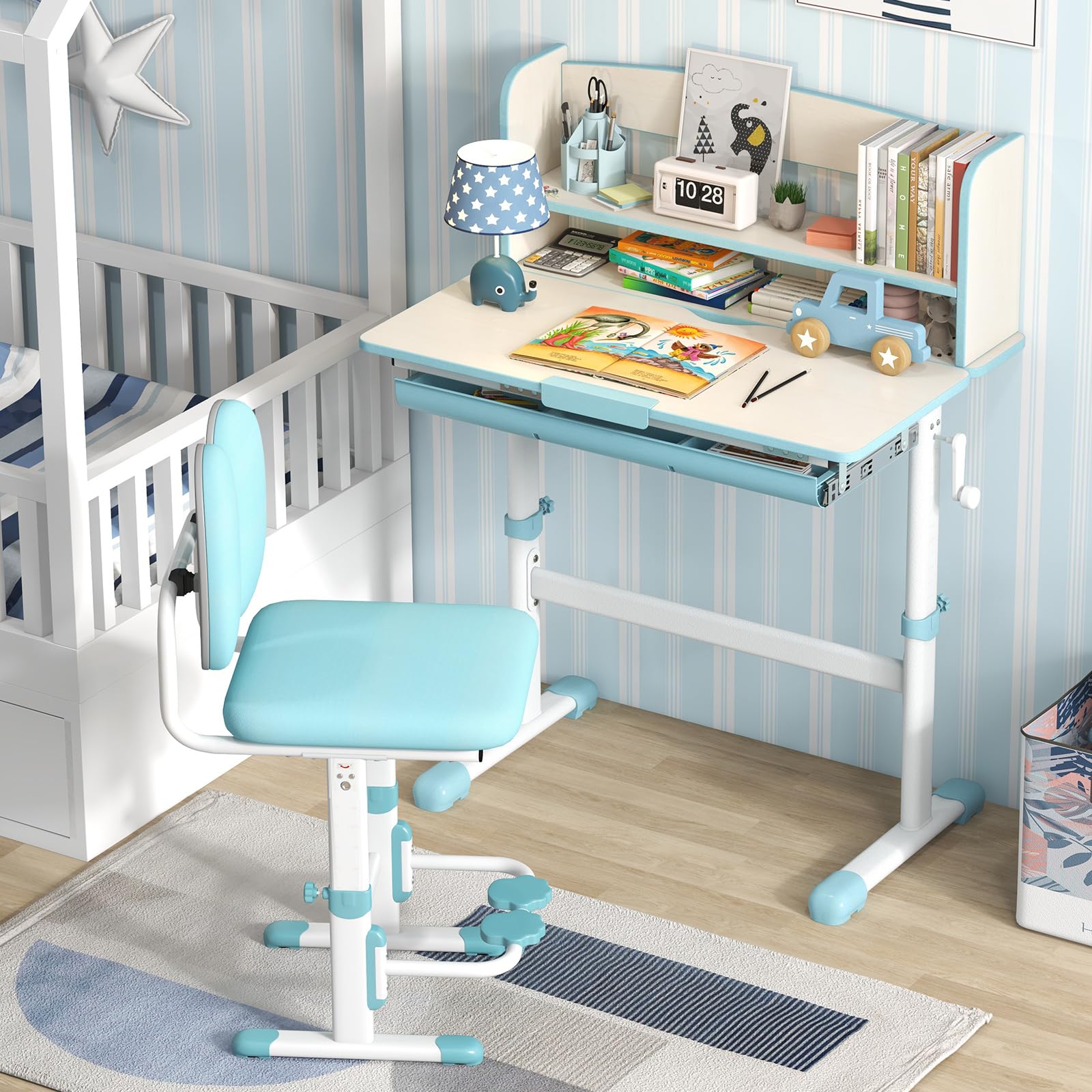 Bureau Enfant Avec Rangement - Table D'Étude 80x48x102 Cm, 5 Cubes, Tiroir, Étagère, Bois Naturel, 3 Ans Et +