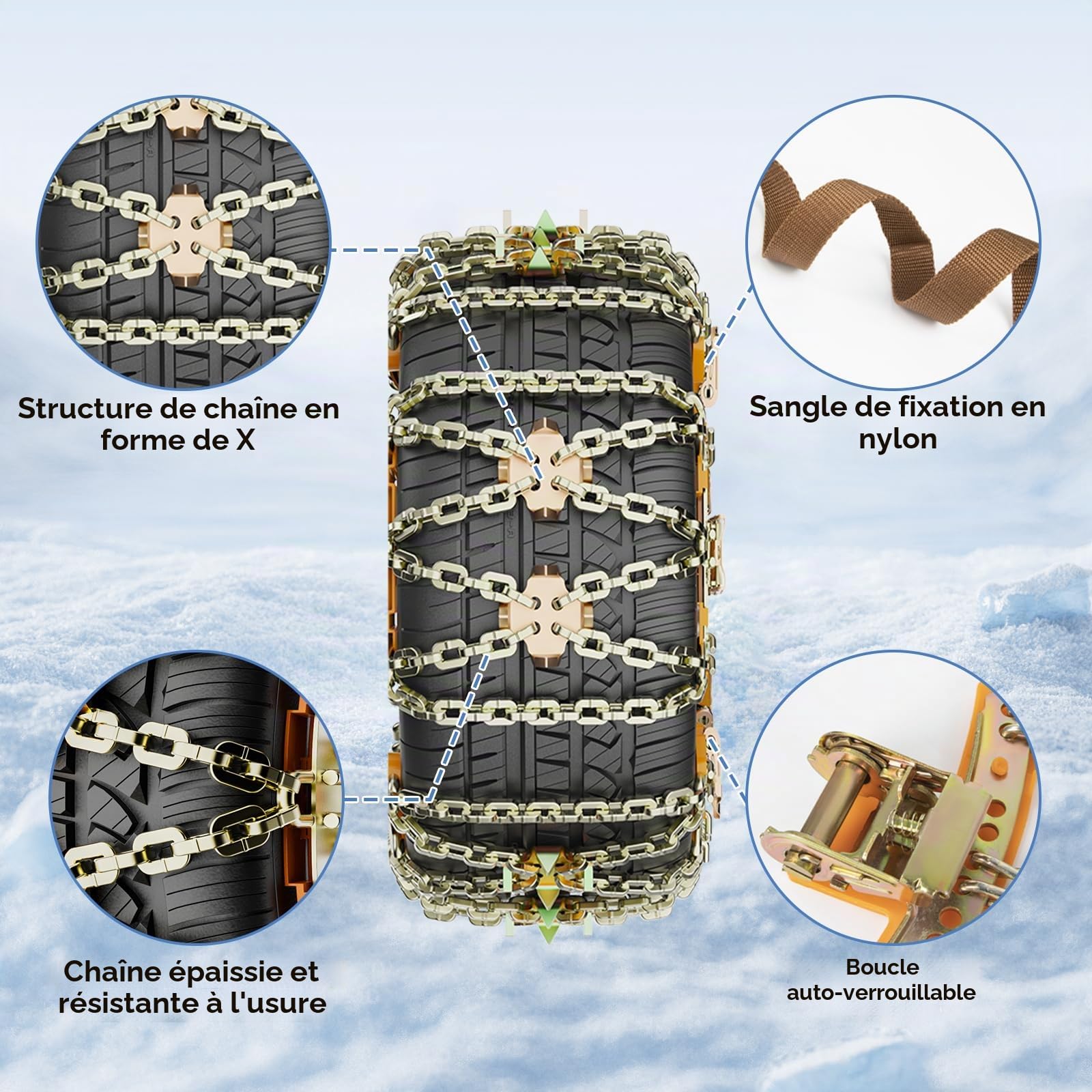 Chaînes à Neige Pour Auto GOHHME 4 Pièces Chaine Voiture Neige en Fer avec Gratte-Glace Pour Tous Types de Véhicules, Fermetures à Engrenages Automatiques 175mm-265mm