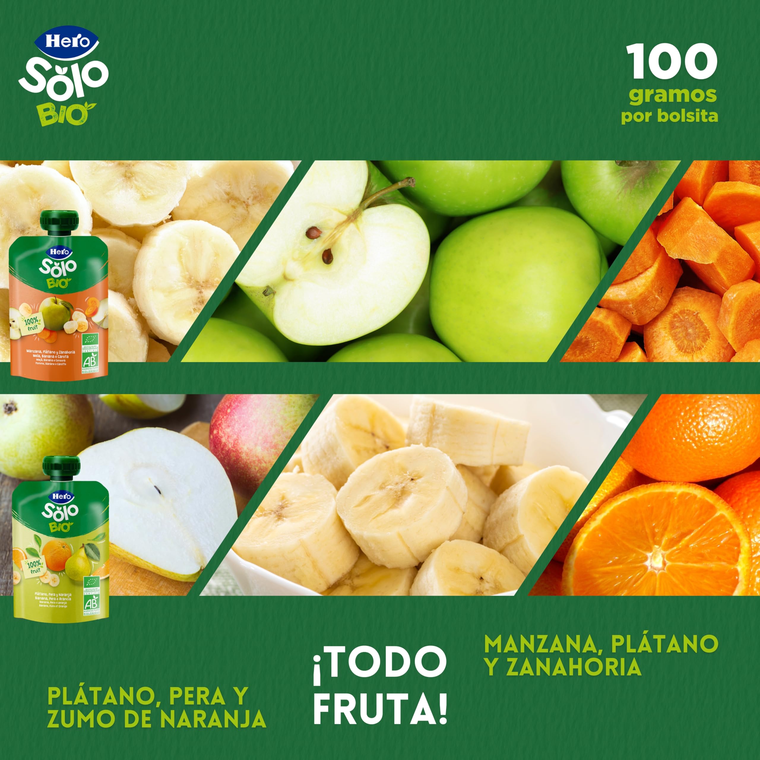 Hero Solo Caja Mixta de Bolsitas, 9 Bolsitas de Manzana, Plátano y Zanahoria y 9 Bolsitas de Plátano, Pera y Naranja, Sin Conservantes ni Colorantes, Partir de los 6 Meses, Pack de 18x100 gr