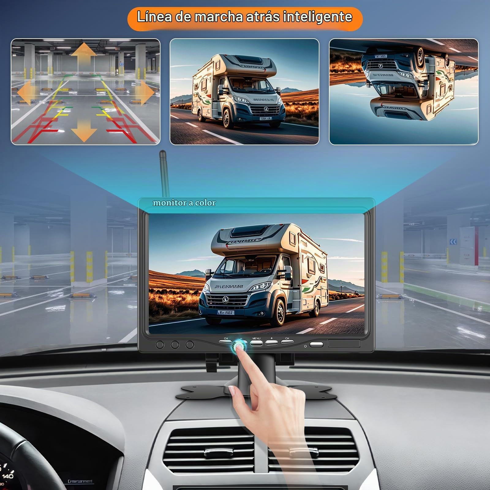VECHTEL Camara Marcha Atras Inalámbrica 7 Pulgadas IPS HD Monitor Kit, Cámara Trasera mit BSD Impermeabilidad IP68 Visión Nocturna Súper Gran Angular para 12V-36V Camión Camper RV Furgonetas